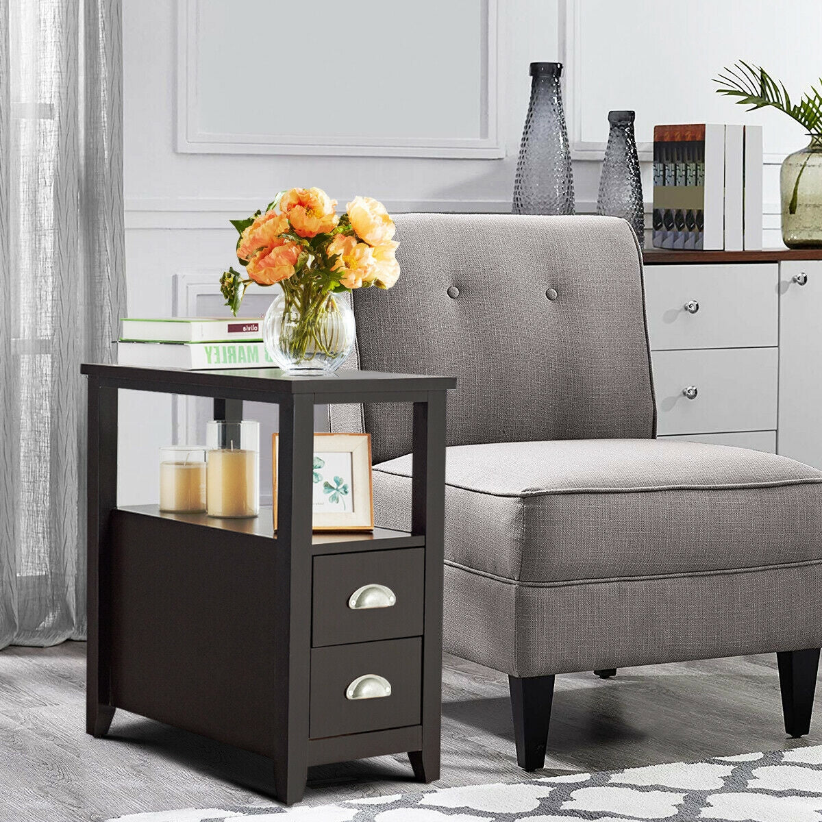 2 Pieces Wooden Bed-side Nightstand Set with 2 Drawers-Dark Brown Kids Crystal