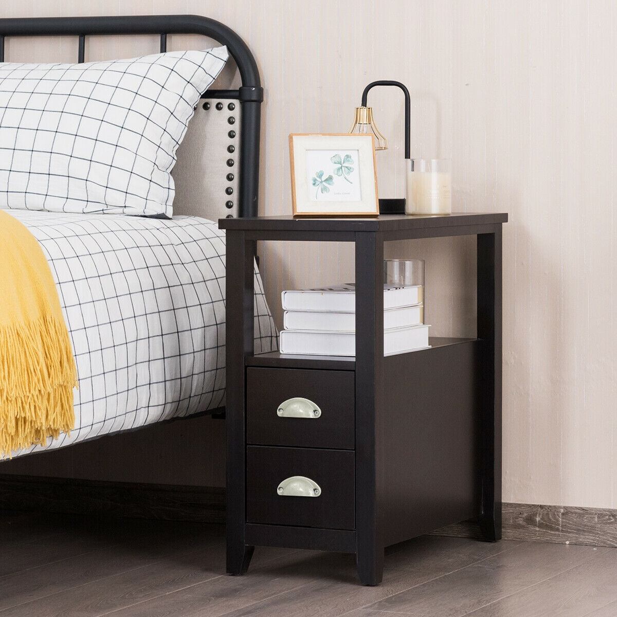 2 Pieces Wooden Bed-side Nightstand Set with 2 Drawers-Dark Brown Kids Crystal