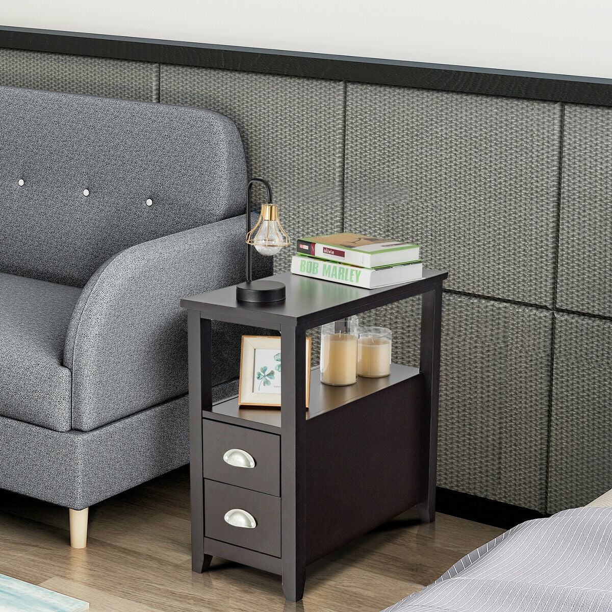2 Pieces Wooden Bed-side Nightstand Set with 2 Drawers-Dark Brown Kids Crystal