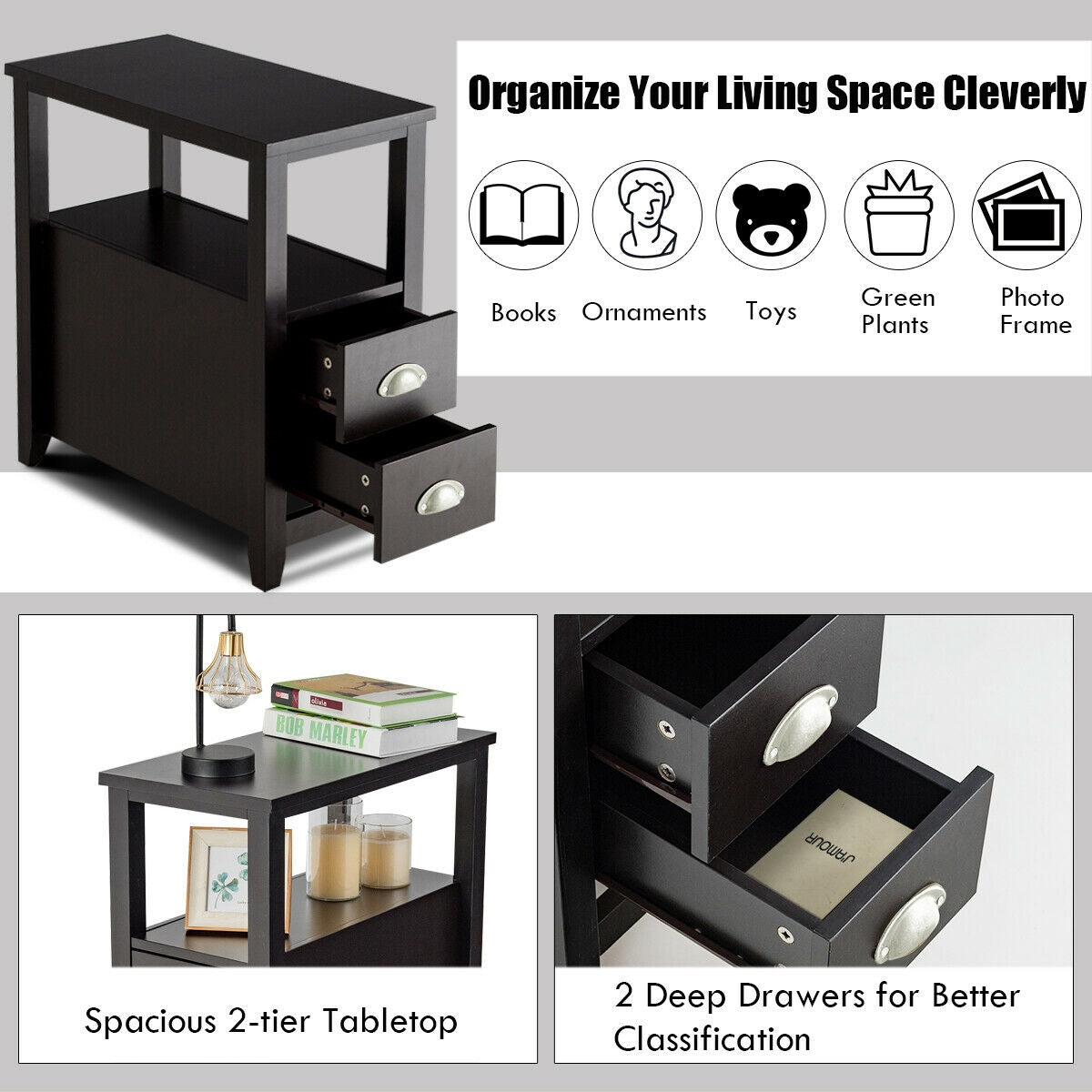2 Pieces Wooden Bed-side Nightstand Set with 2 Drawers-Dark Brown Kids Crystal