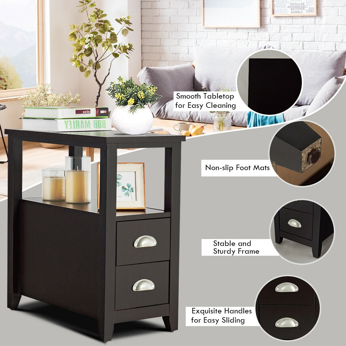 2 Pieces Wooden Bed-side Nightstand Set with 2 Drawers-Dark Brown Kids Crystal