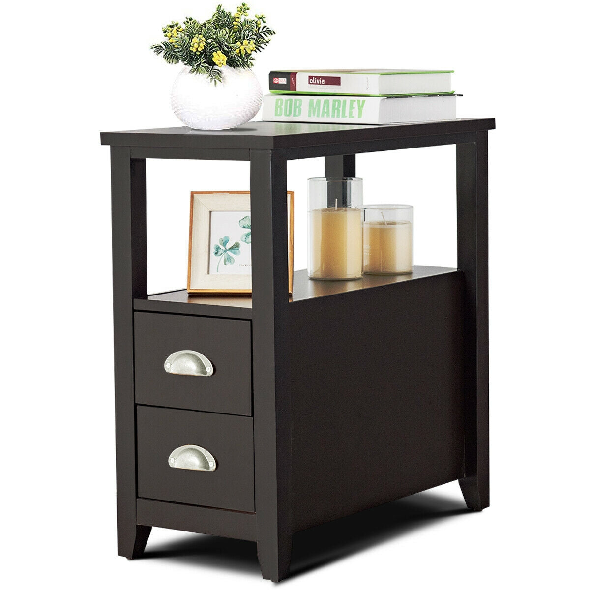 2 Pieces Wooden Bed-side Nightstand Set with 2 Drawers-Dark Brown Kids Crystal