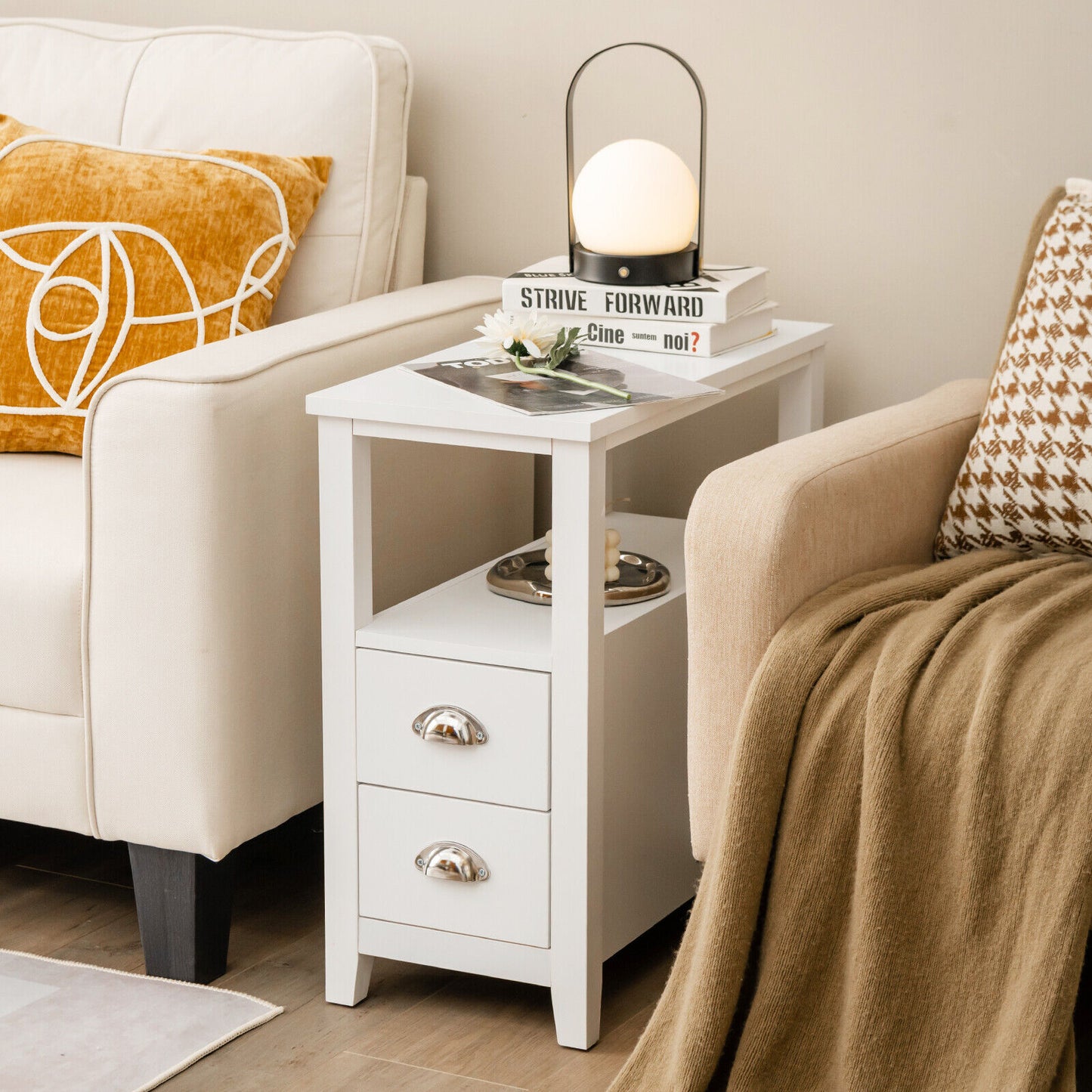 2 Pieces Wooden Bed-side Nightstand Set with 2 Drawers-White Kids Crystal