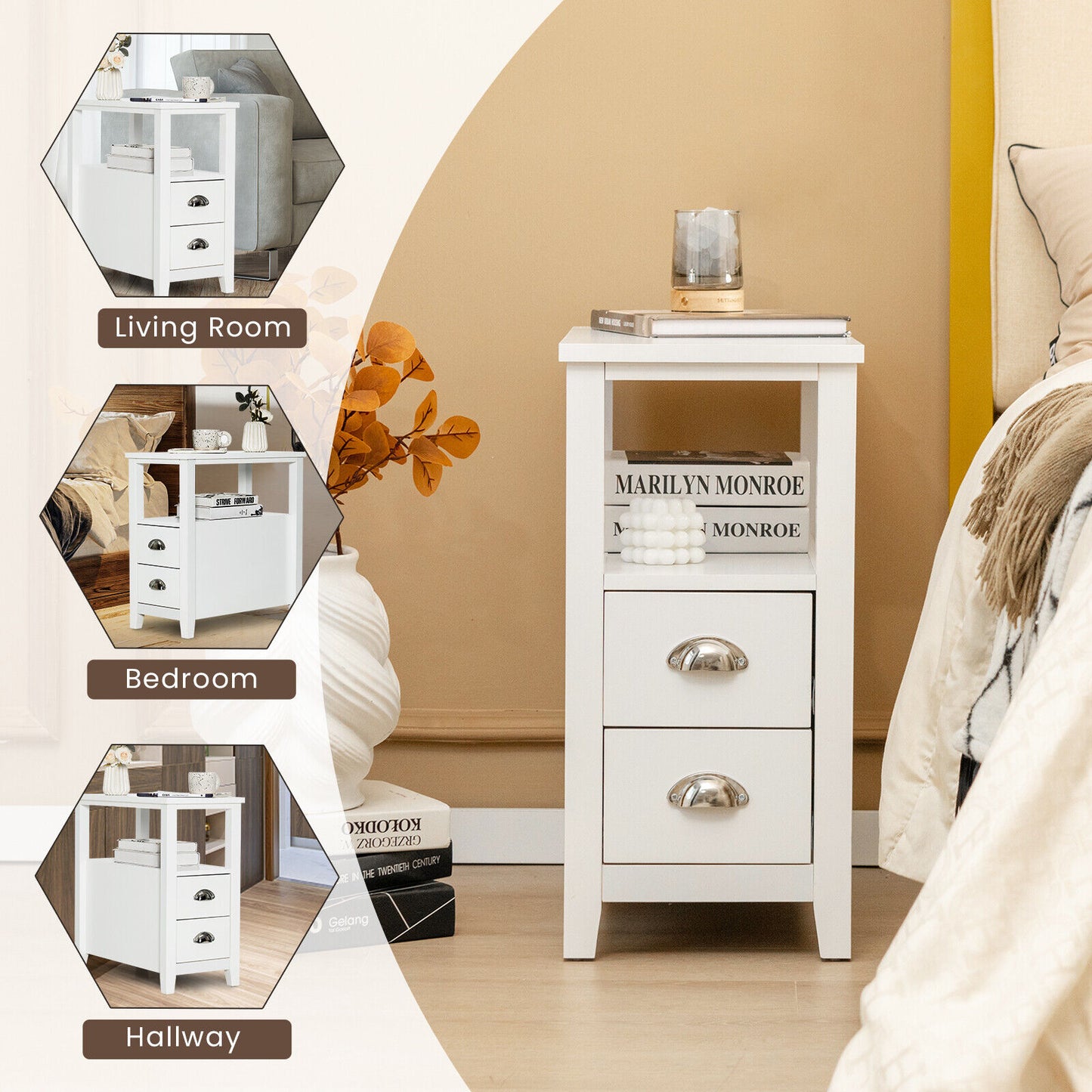 2 Pieces Wooden Bed-side Nightstand Set with 2 Drawers-White Kids Crystal