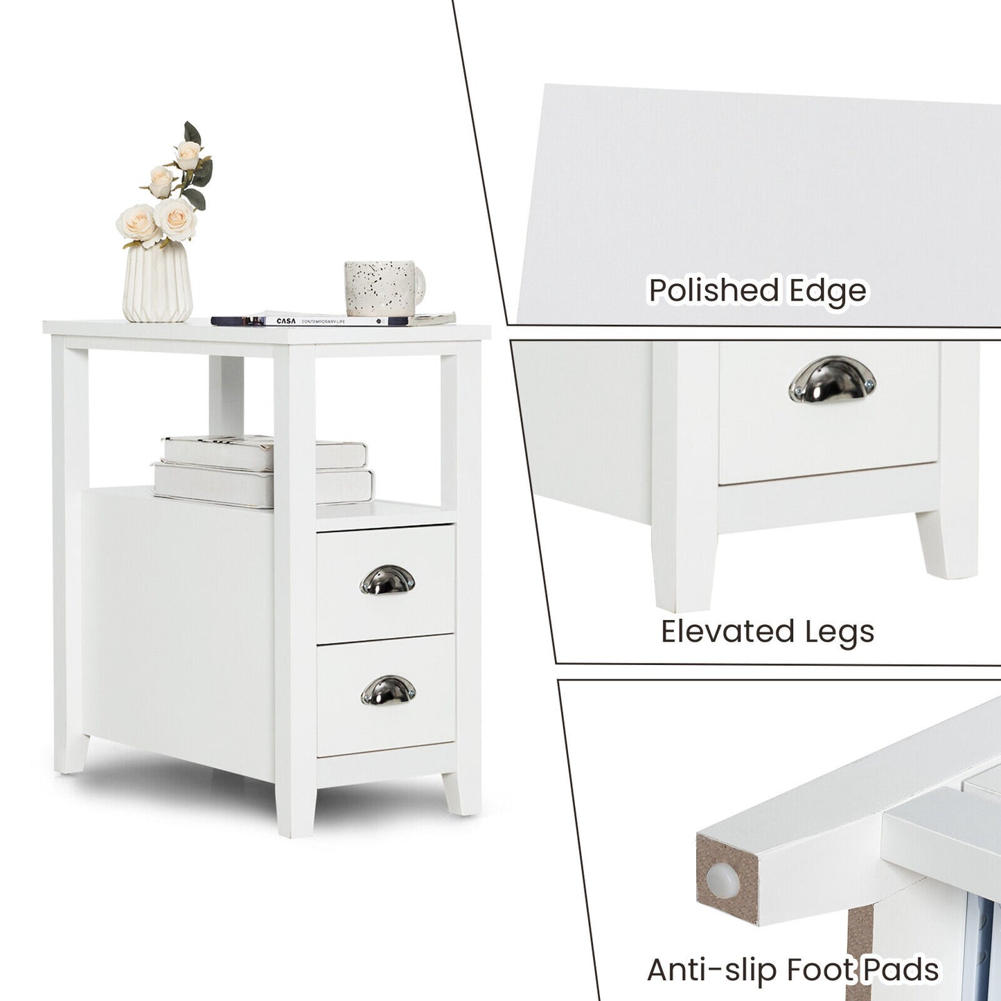 2 Pieces Wooden Bed-side Nightstand Set with 2 Drawers-White Kids Crystal
