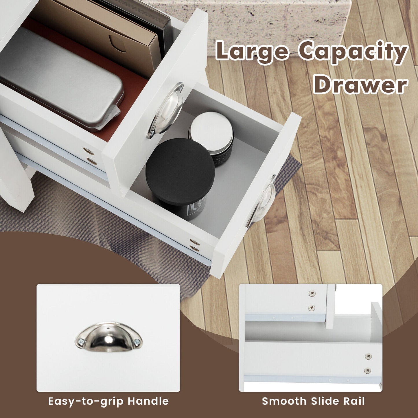 2 Pieces Wooden Bed-side Nightstand Set with 2 Drawers-White Kids Crystal
