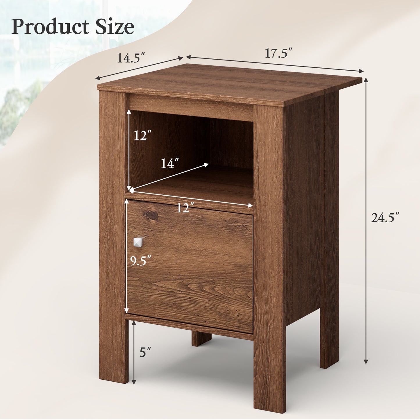 Compact Floor Farmhouse Nightstand with Open Shelf and Cabinet-Rustic Brown Kids Crystal