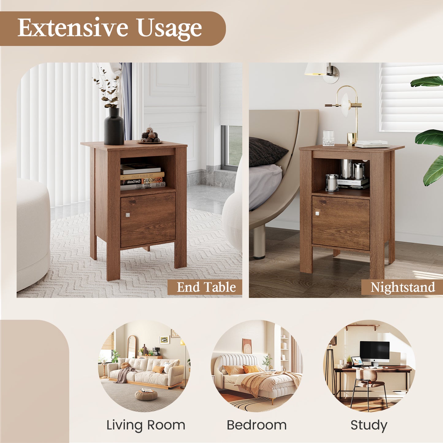 Compact Floor Farmhouse Nightstand with Open Shelf and Cabinet-Rustic Brown Kids Crystal