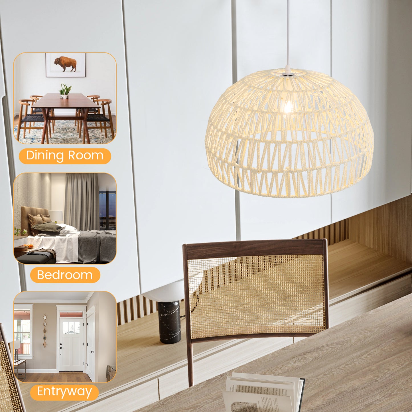 Farmhouse Rattan Pendant Lights with Adjustable Hanging Rope-Beige Kids Crystal