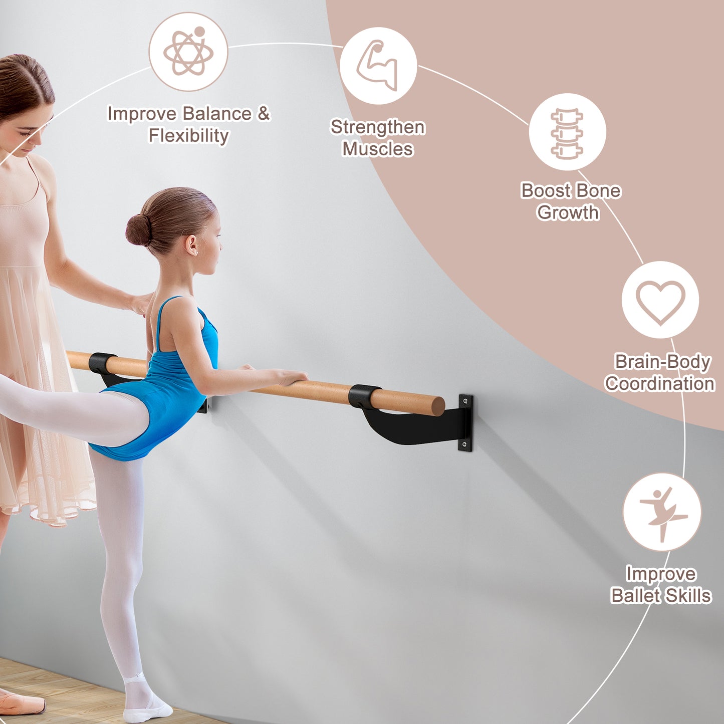 4 Feet Wall-Mounted Ballet Barre for Yoga-Black Kids Crystal