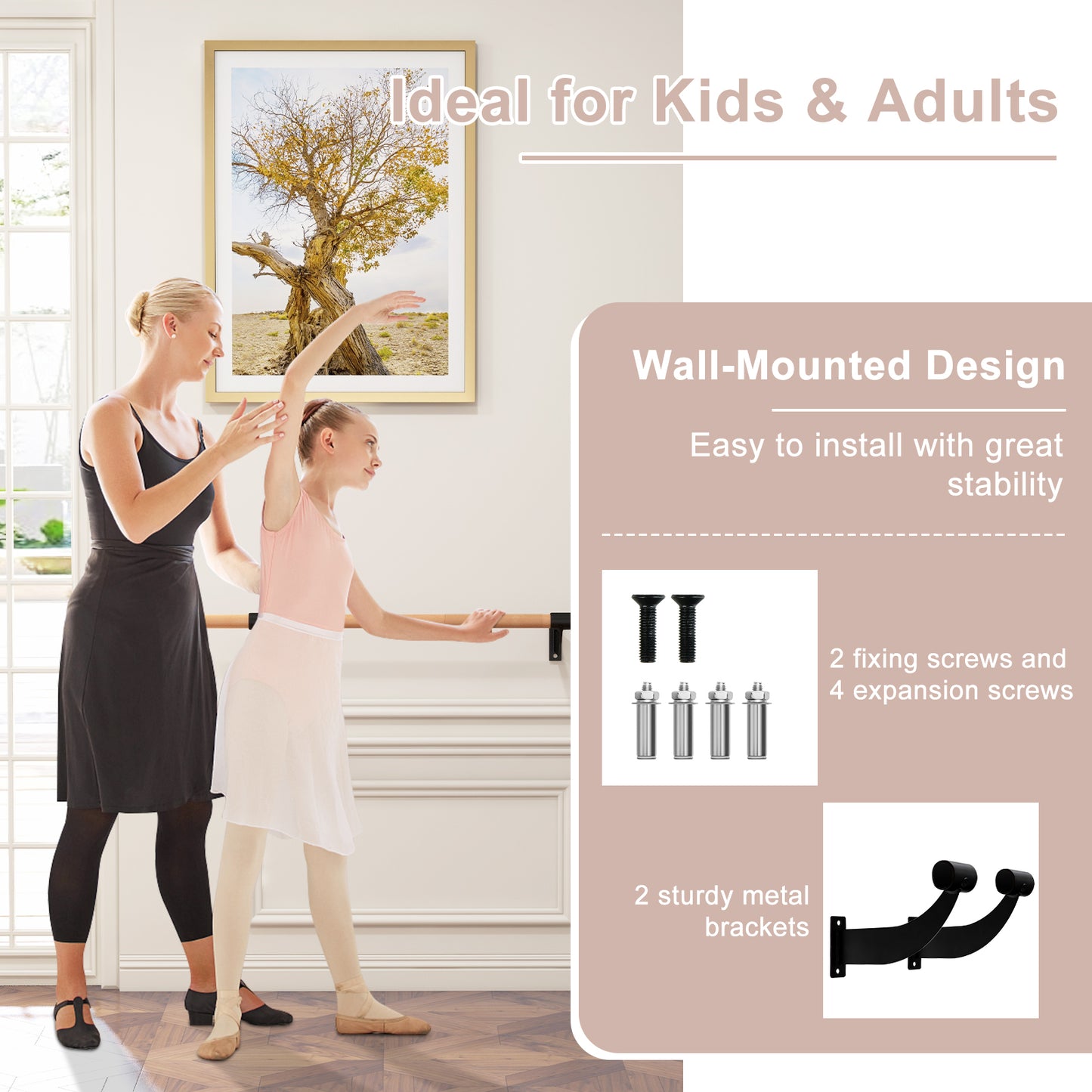 4 Feet Wall-Mounted Ballet Barre for Yoga-Black Kids Crystal
