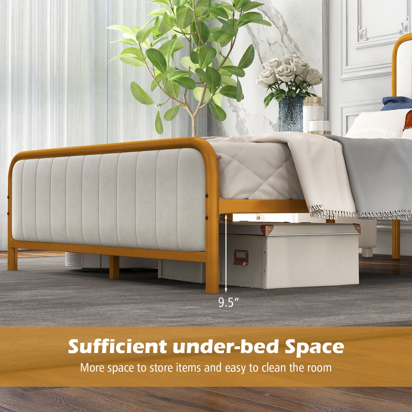 Upholstered Gold Platform Bed Frame with Velvet Headboard-Full Size Kids Crystal