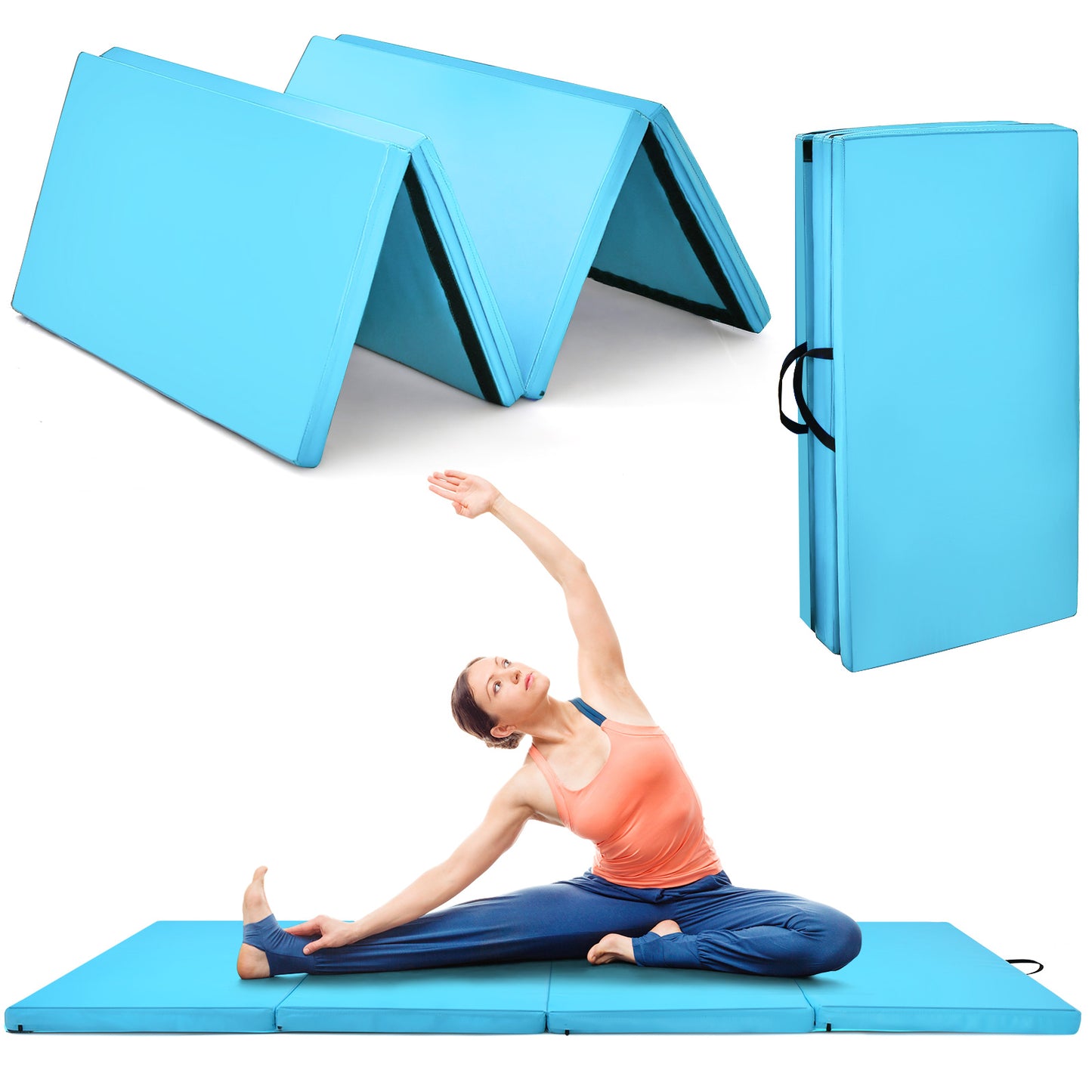 4-Panel Folding Gymnastics Mat with Carrying Handles for Home Gym-Blue Kids Crystal