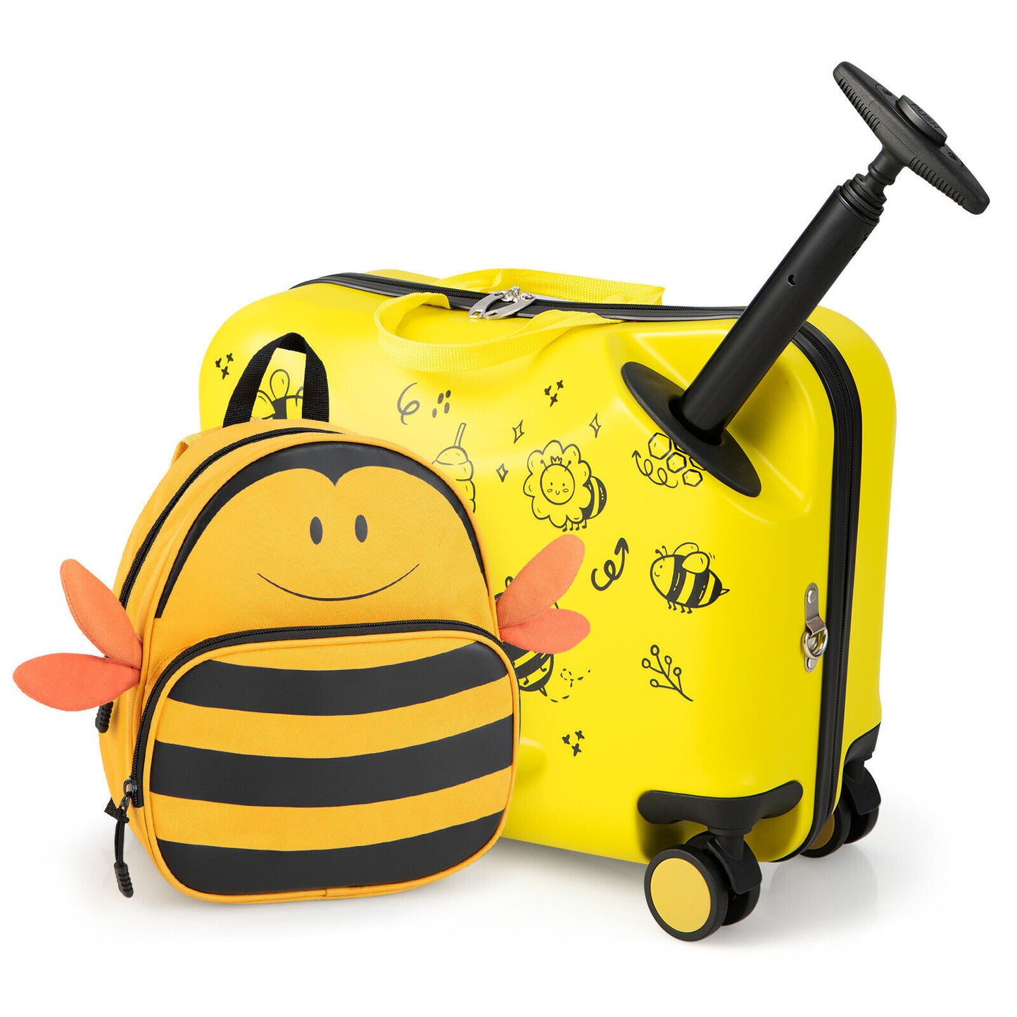 2 Pieces 18 Inch Ride-on Kids Luggage Set with Spinner Wheels and Bee Pattern-Yellow Kids Crystal