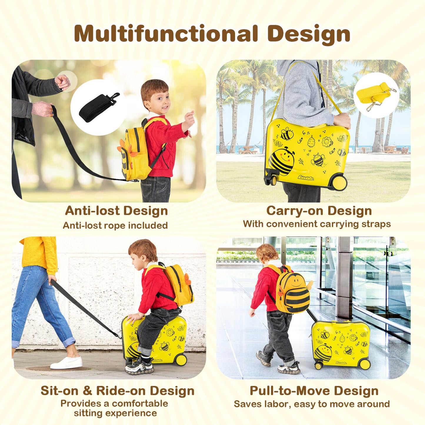2 Pieces 18 Inch Ride-on Kids Luggage Set with Spinner Wheels and Bee Pattern-Yellow Kids Crystal