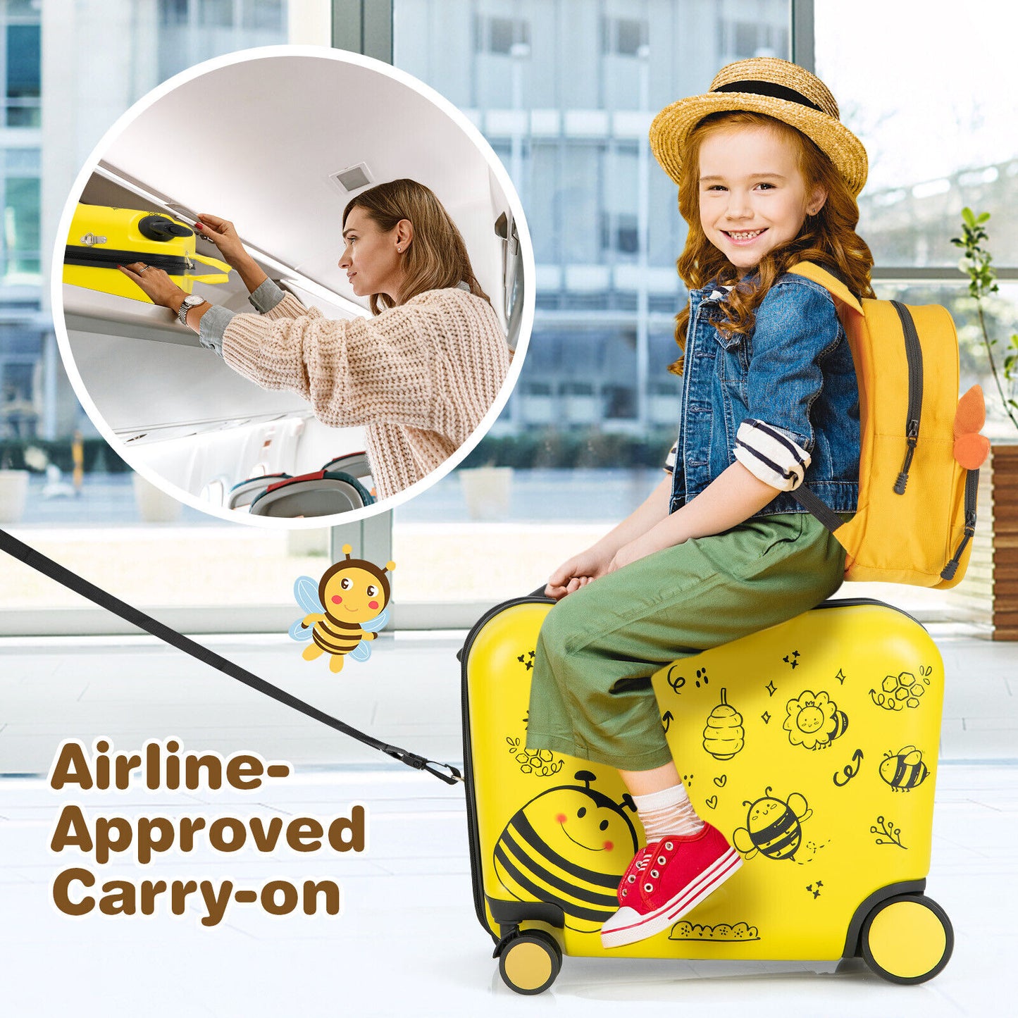 2 Pieces 18 Inch Ride-on Kids Luggage Set with Spinner Wheels and Bee Pattern-Yellow Kids Crystal