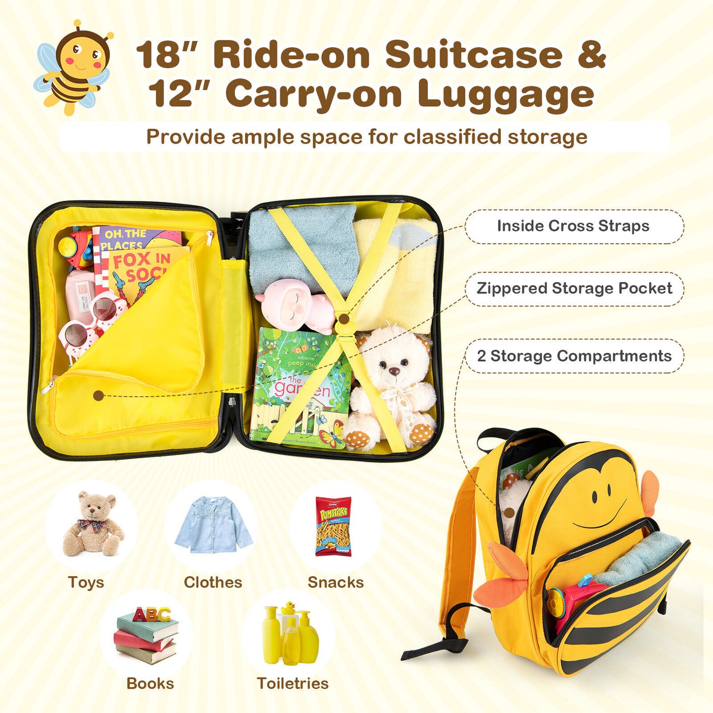2 Pieces 18 Inch Ride-on Kids Luggage Set with Spinner Wheels and Bee Pattern-Yellow Kids Crystal