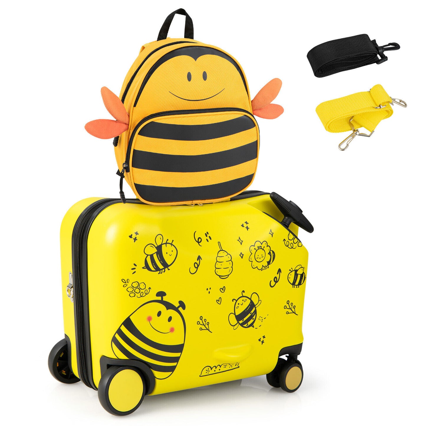 2 Pieces 18 Inch Ride-on Kids Luggage Set with Spinner Wheels and Bee Pattern-Yellow Kids Crystal