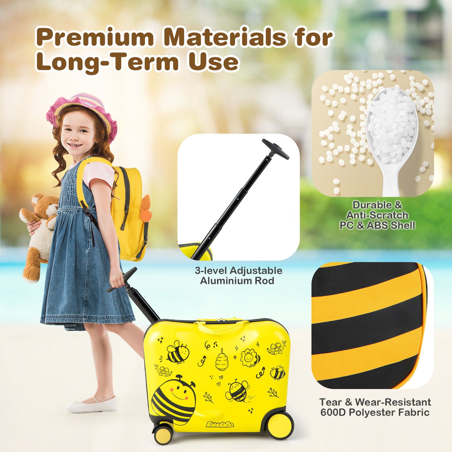 2 Pieces 18 Inch Ride-on Kids Luggage Set with Spinner Wheels and Bee Pattern-Yellow Kids Crystal