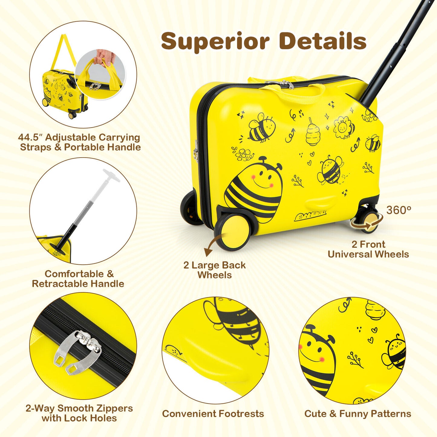 2 Pieces 18 Inch Ride-on Kids Luggage Set with Spinner Wheels and Bee Pattern-Yellow Kids Crystal