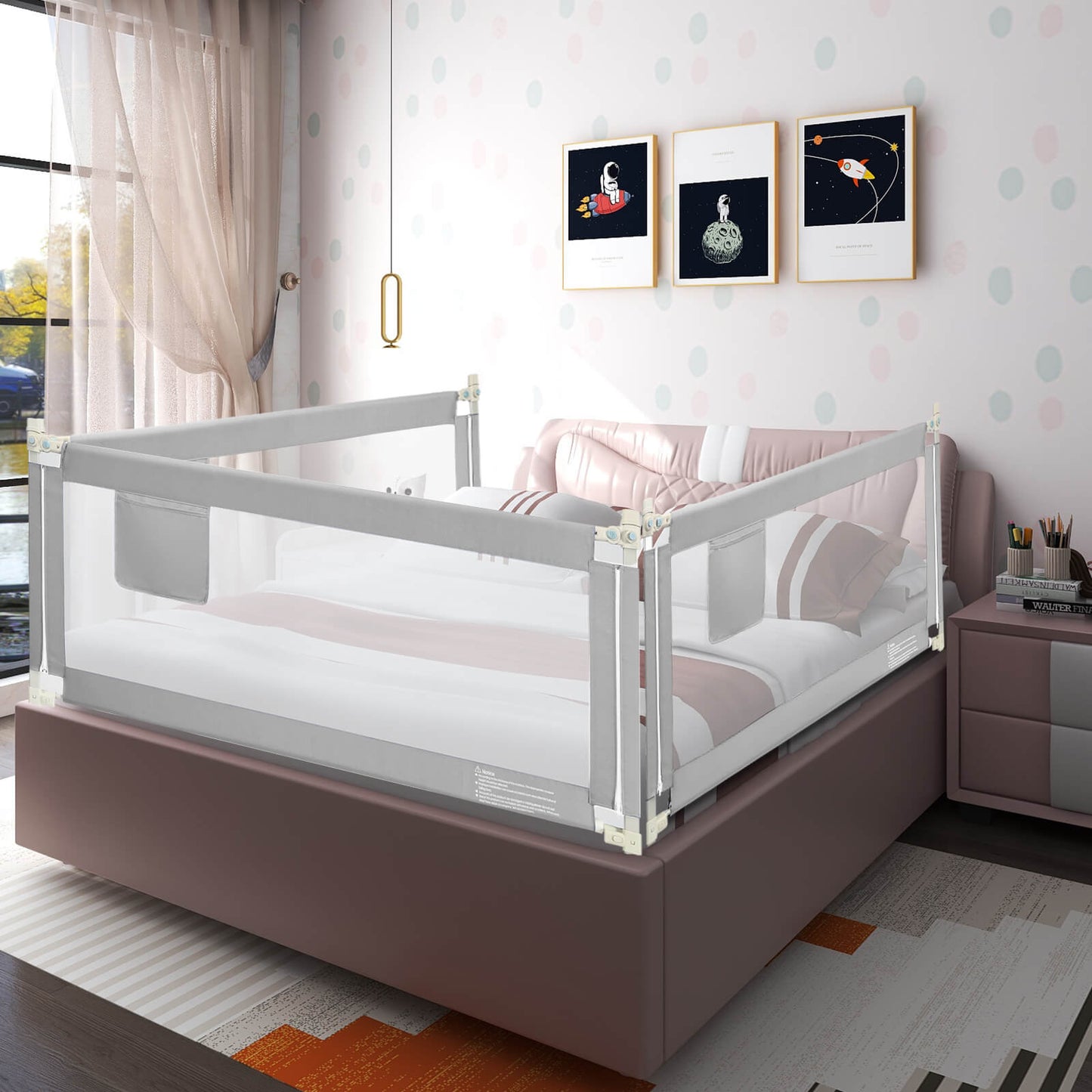 76.8 Inch Baby Bed Rail with Double Safety Child Lock-Gray Kids Crystal
