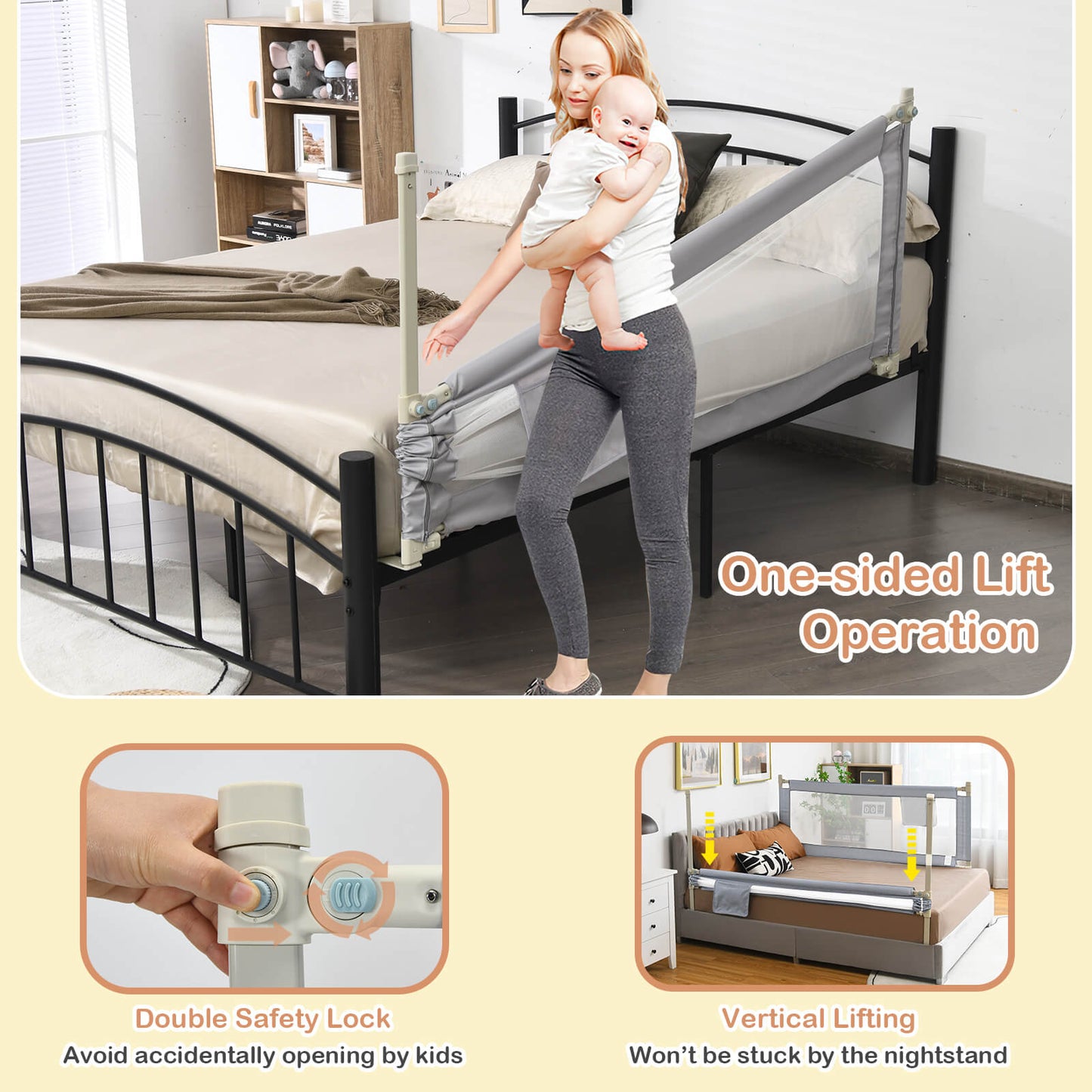 76.8 Inch Baby Bed Rail with Double Safety Child Lock-Gray Kids Crystal