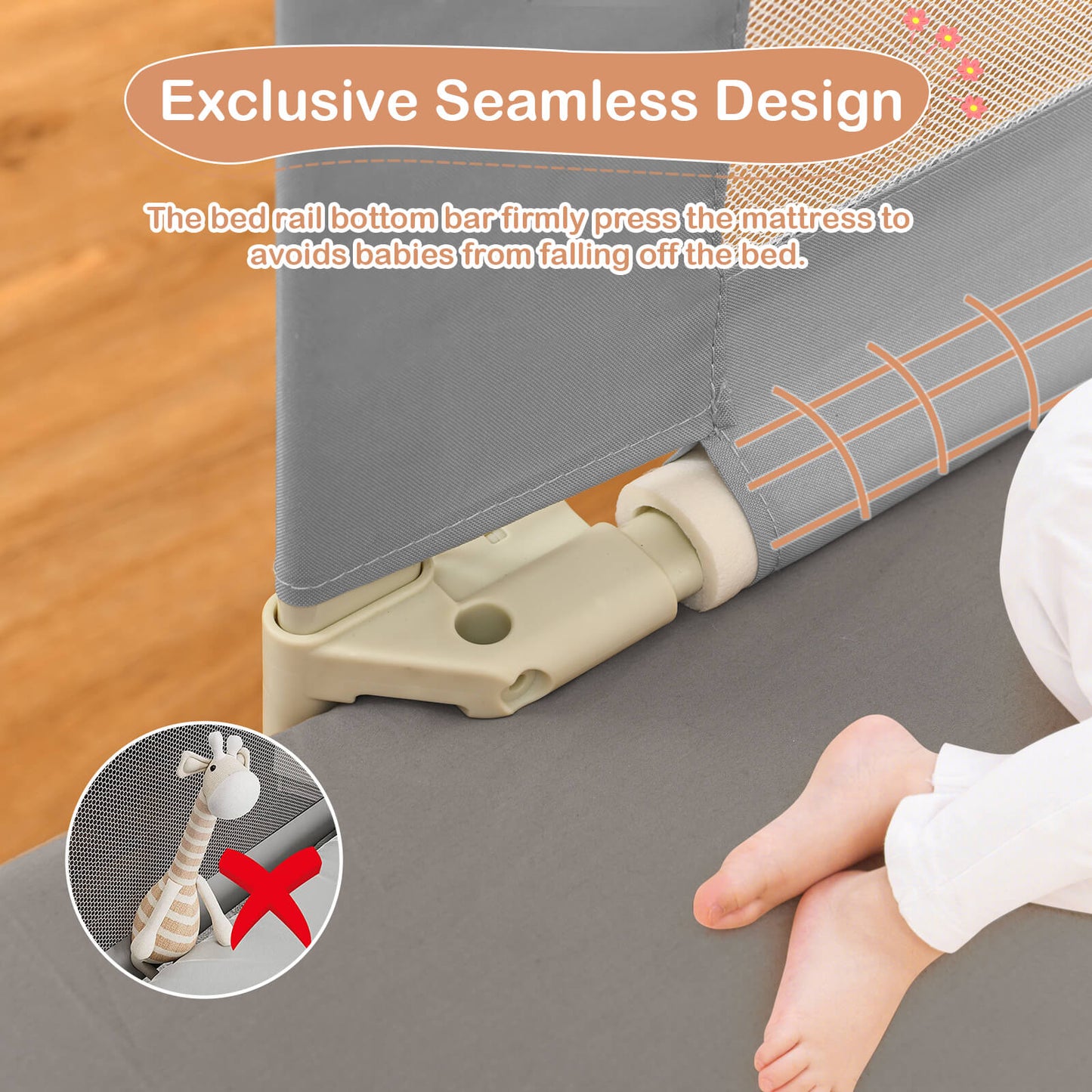 76.8 Inch Baby Bed Rail with Double Safety Child Lock-Gray Kids Crystal
