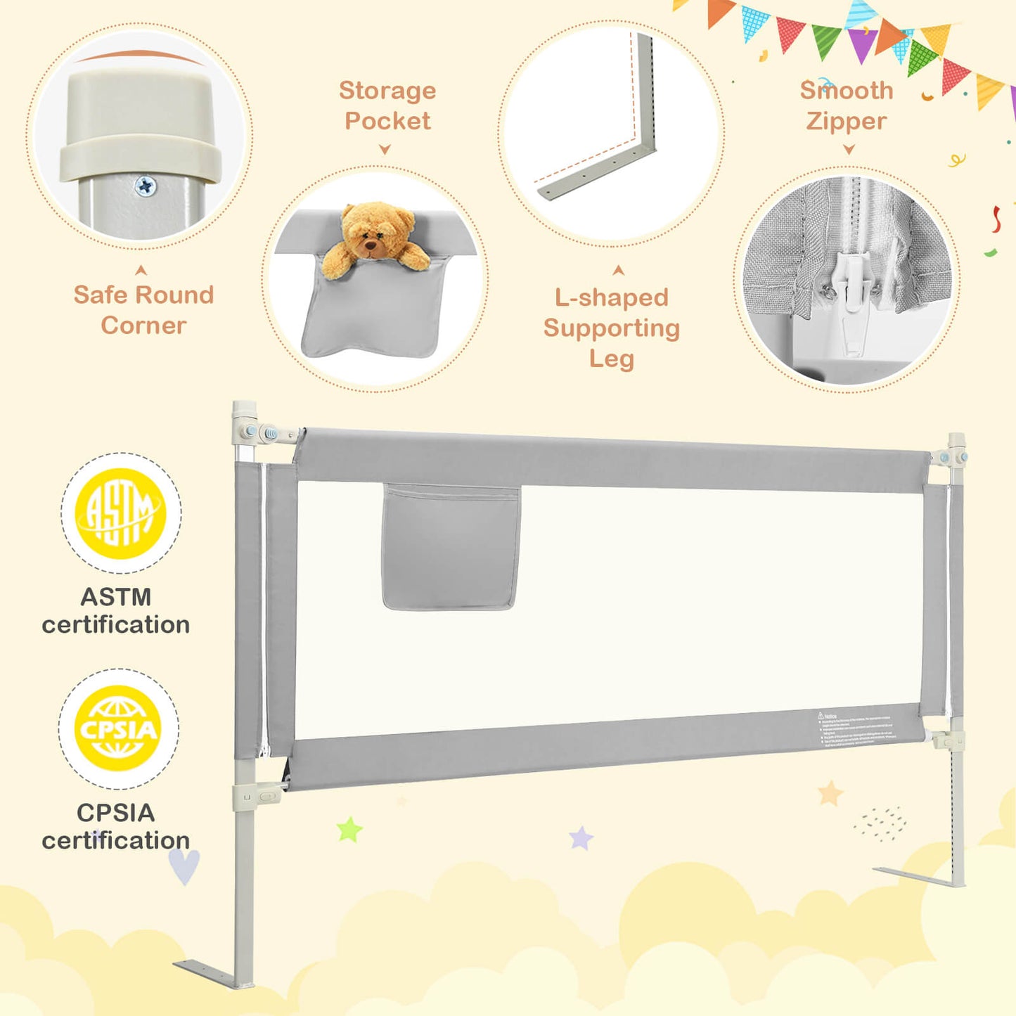 76.8 Inch Baby Bed Rail with Double Safety Child Lock-Gray Kids Crystal
