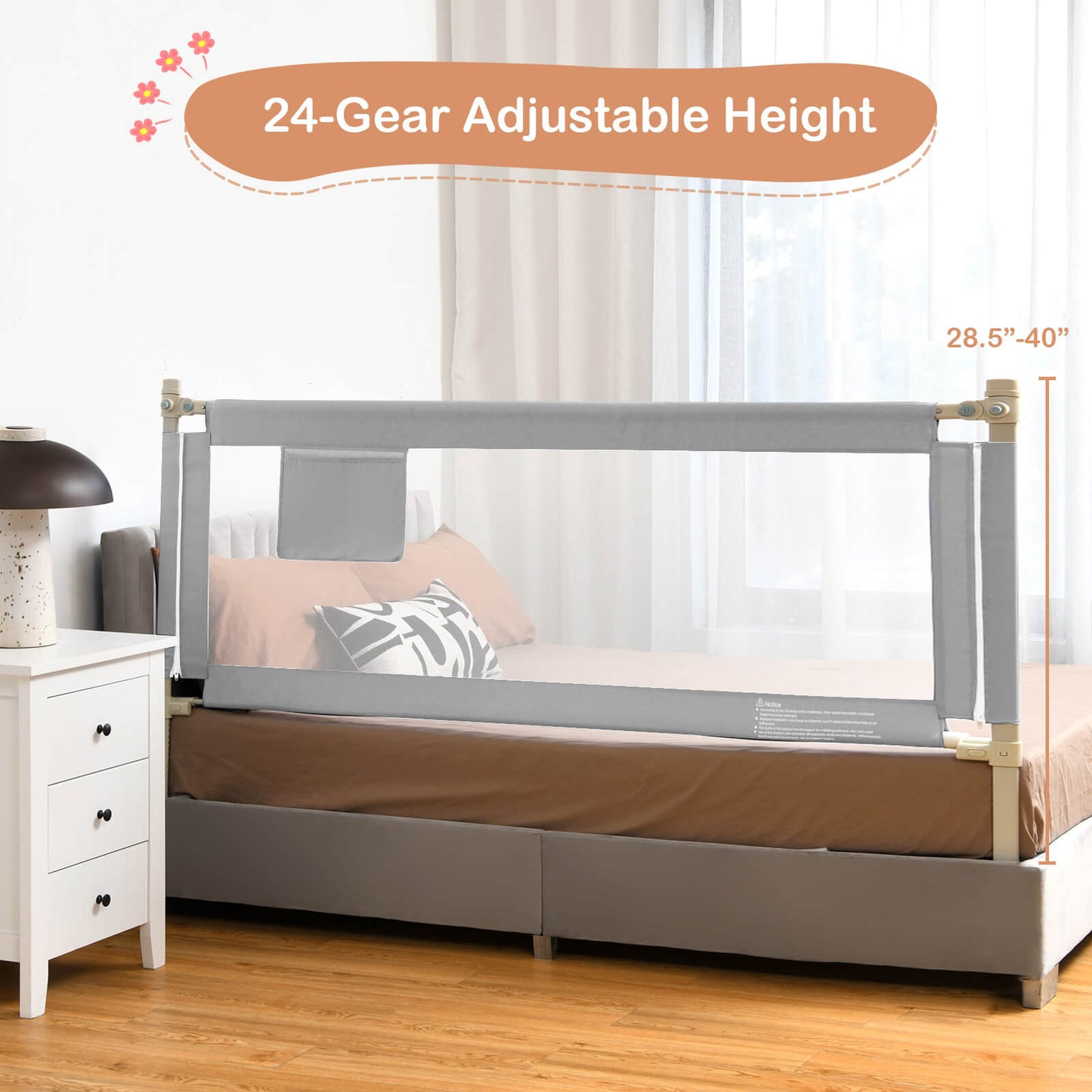 76.8 Inch Baby Bed Rail with Double Safety Child Lock-Gray Kids Crystal