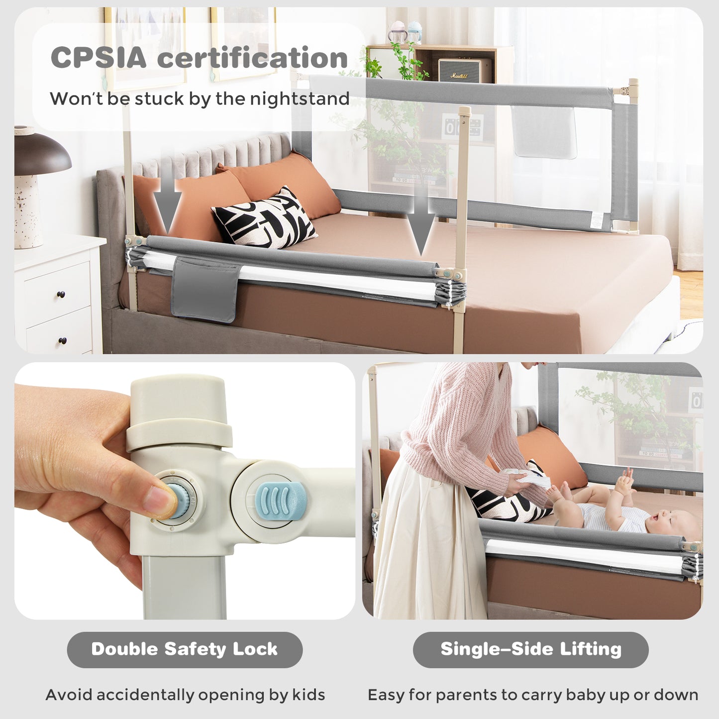 57 Inch Toddlers Vertical Lifting Baby Bed Rail Guard with Lock-Gray Kids Crystal