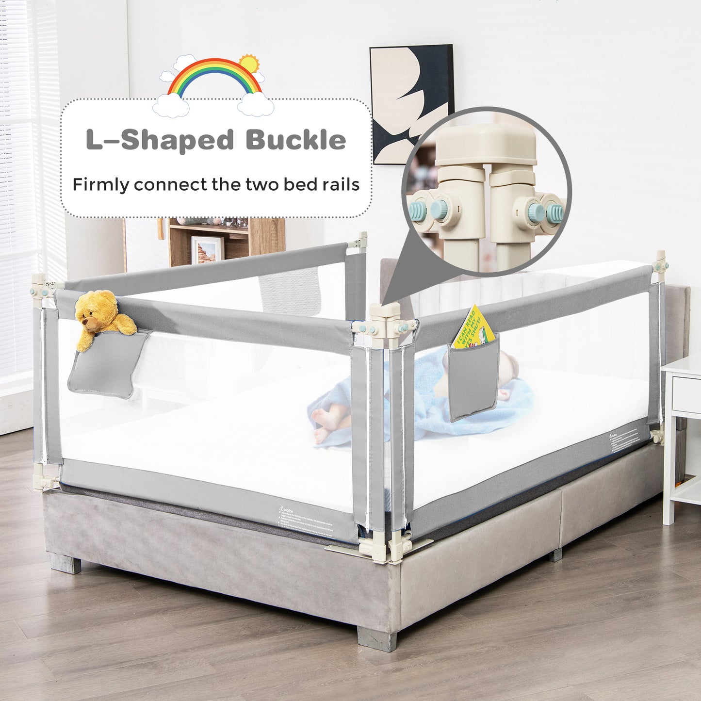 57 Inch Toddlers Vertical Lifting Baby Bed Rail Guard with Lock-Gray Kids Crystal