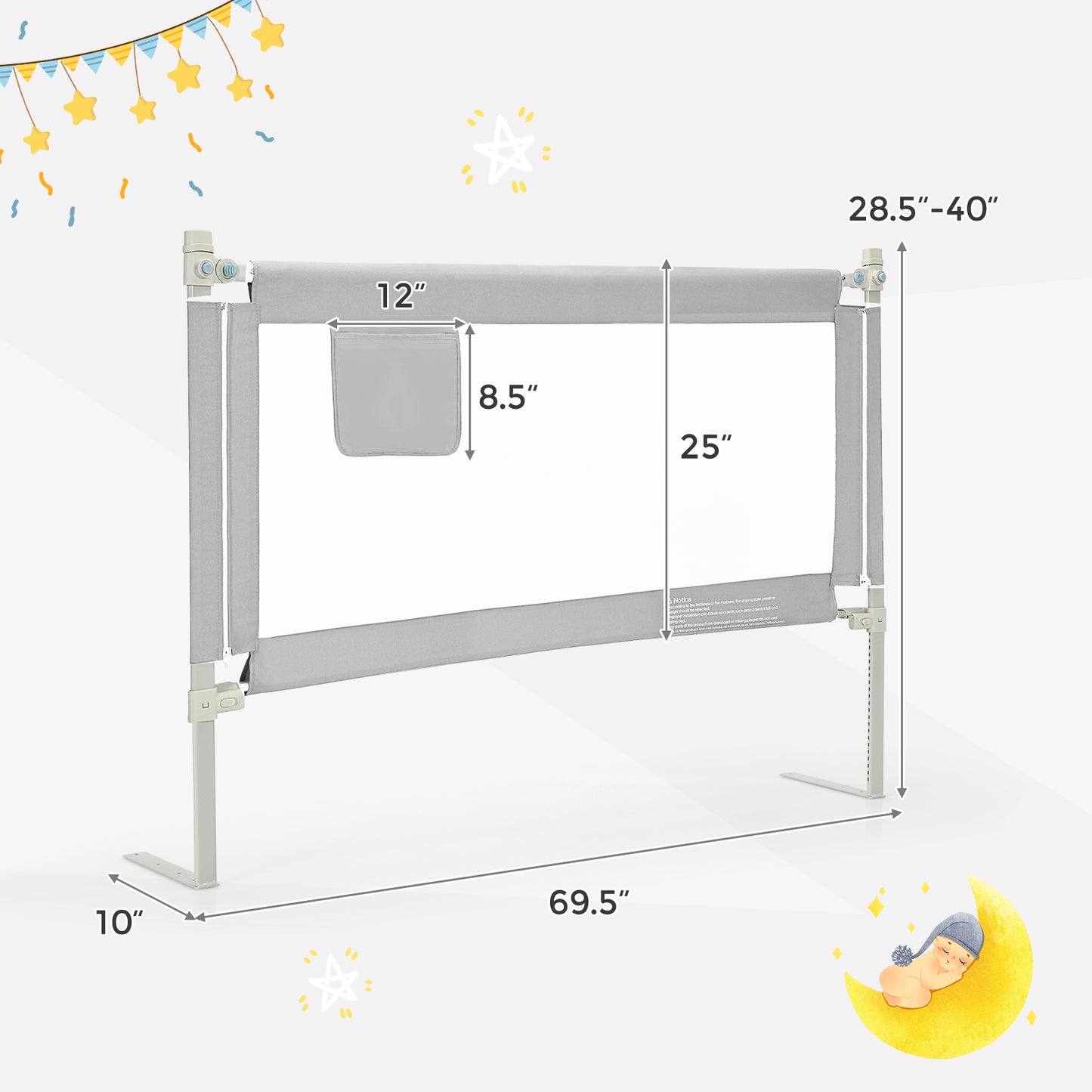 57 Inch Toddlers Vertical Lifting Baby Bed Rail Guard with Lock-Gray Kids Crystal