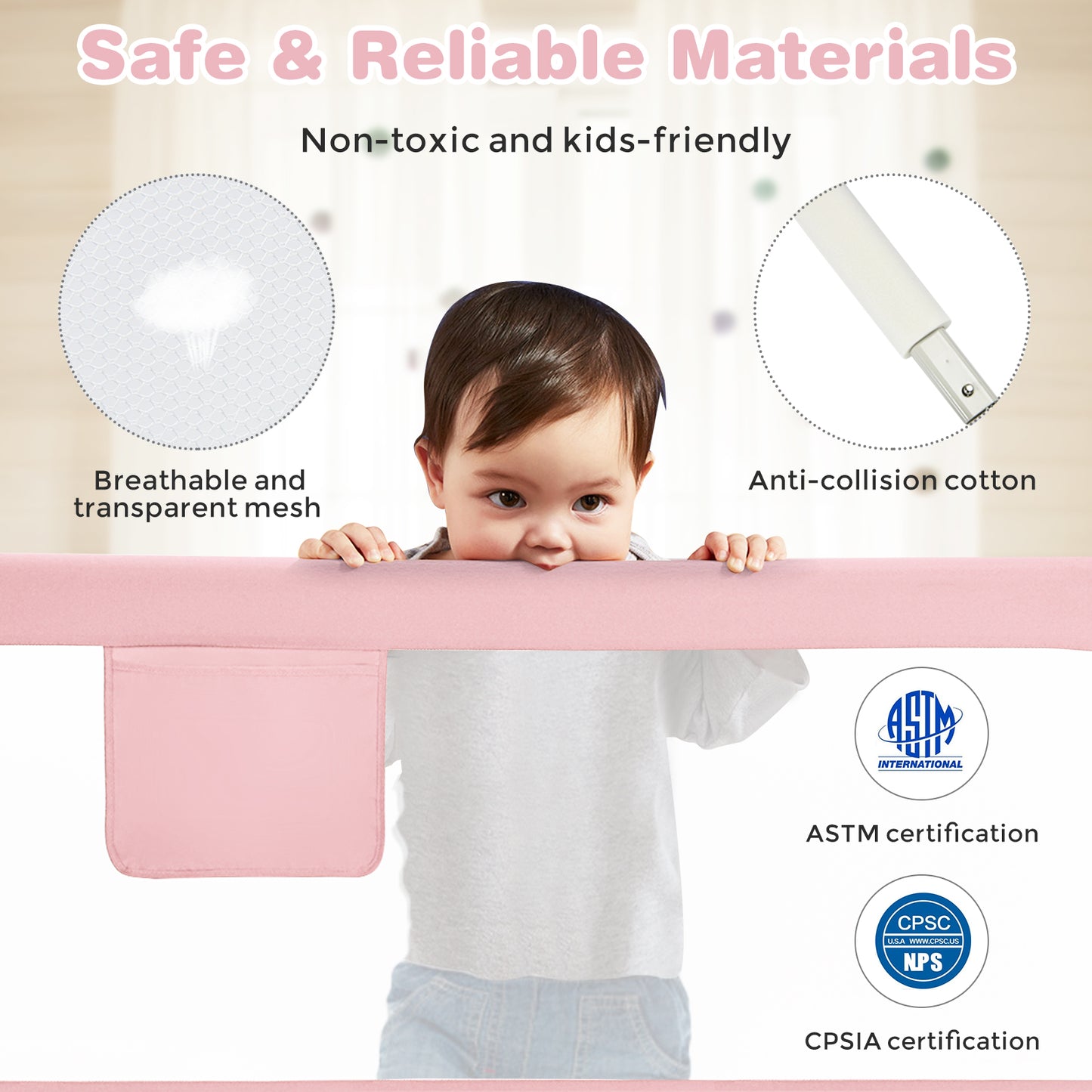 57 Inch Toddlers Vertical Lifting Baby Bed Rail Guard with Lock-Pink Kids Crystal