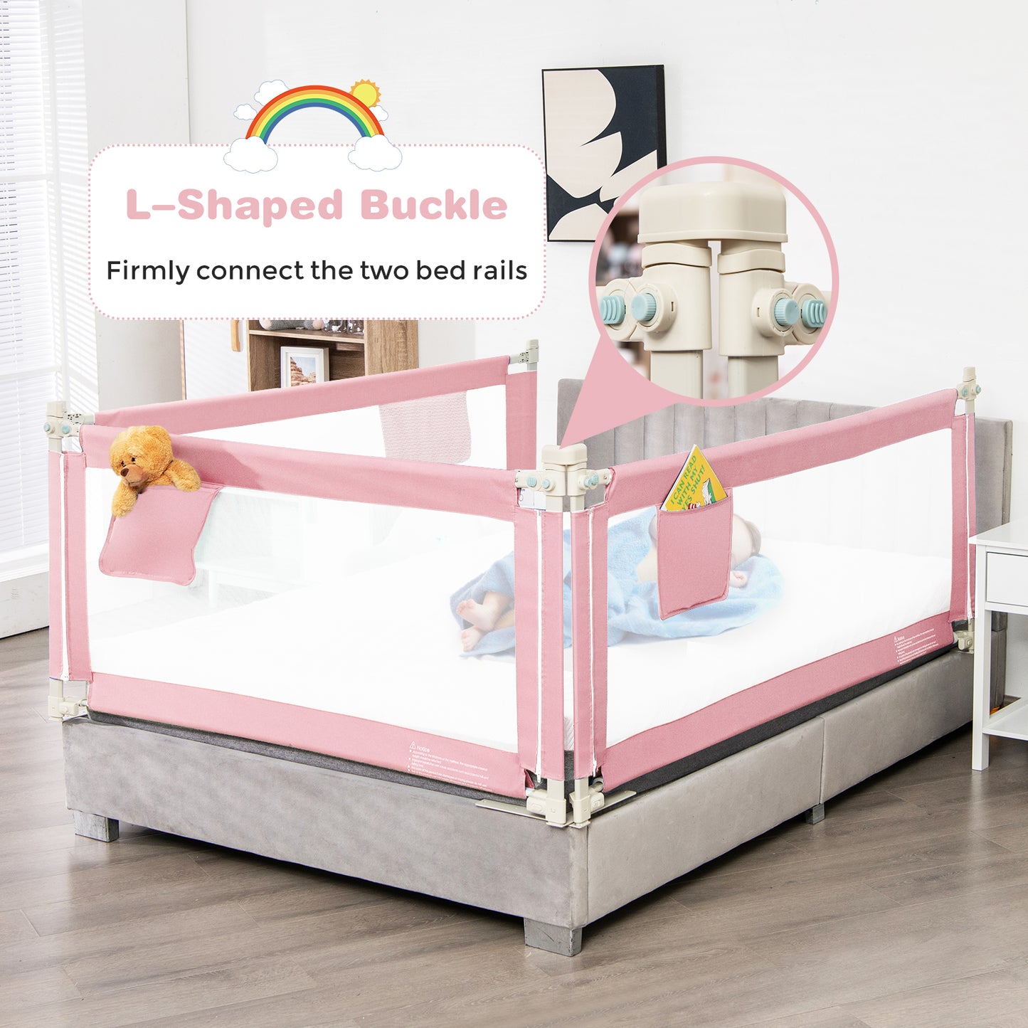 57 Inch Toddlers Vertical Lifting Baby Bed Rail Guard with Lock-Pink Kids Crystal