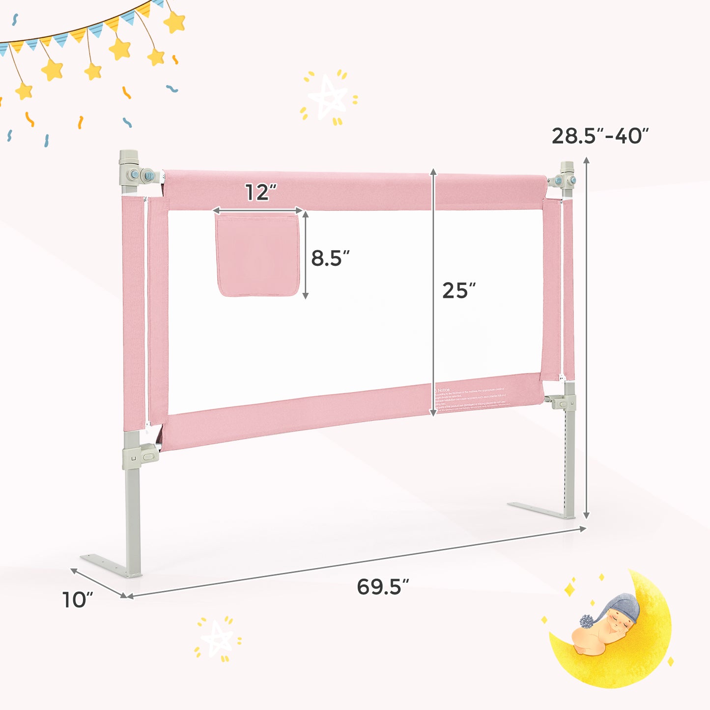 57 Inch Toddlers Vertical Lifting Baby Bed Rail Guard with Lock-Pink Kids Crystal