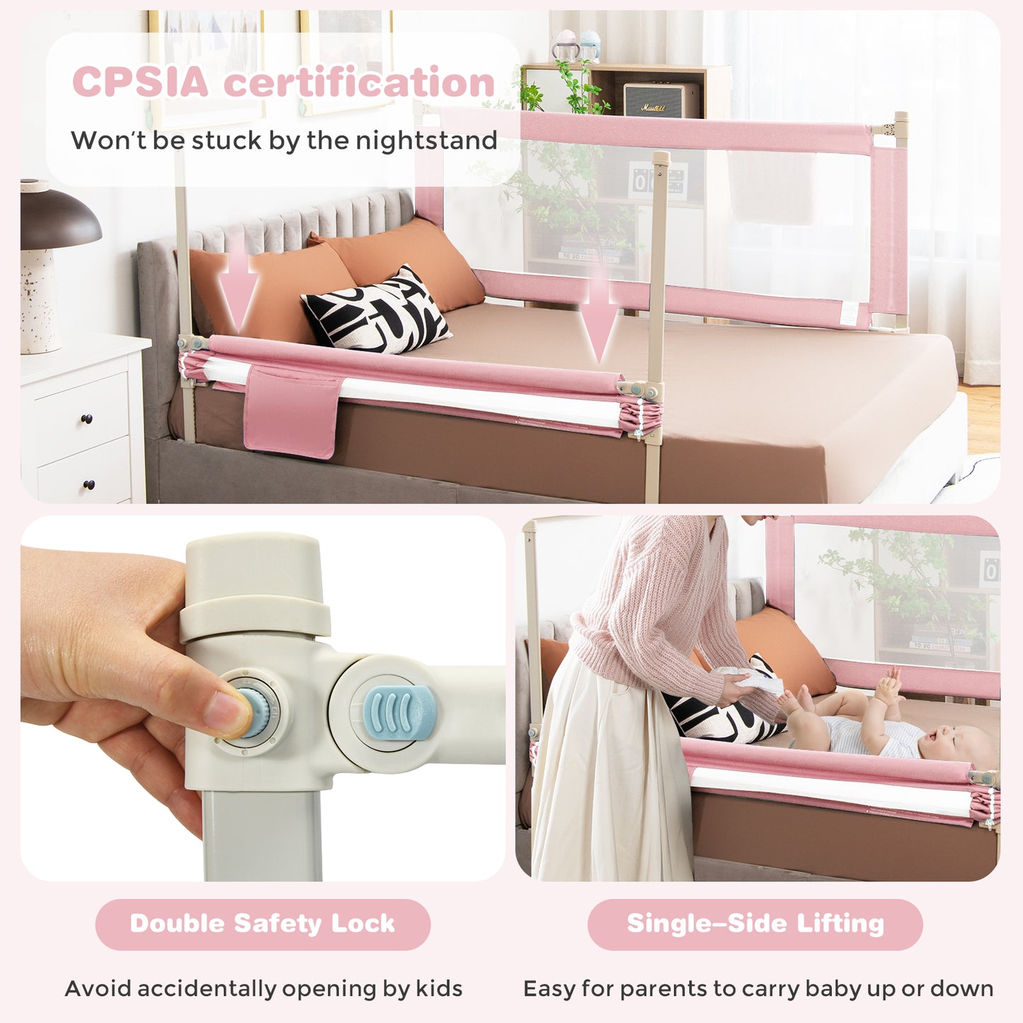 57 Inch Toddlers Vertical Lifting Baby Bed Rail Guard with Lock-Pink Kids Crystal