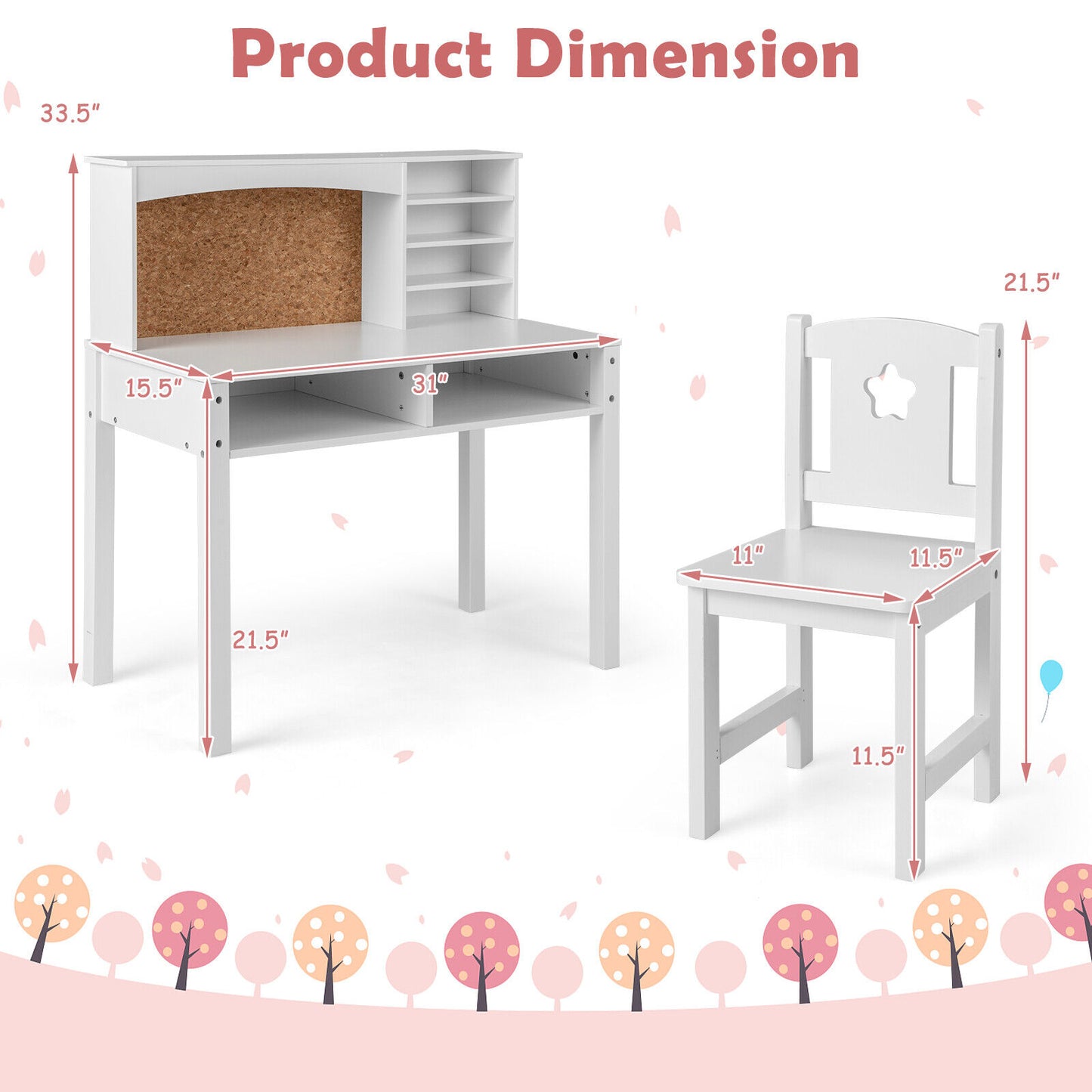 Kids Desk and Chair Set with Hutch and Bulletin Board for 3+ Kids-White Kids Crystal