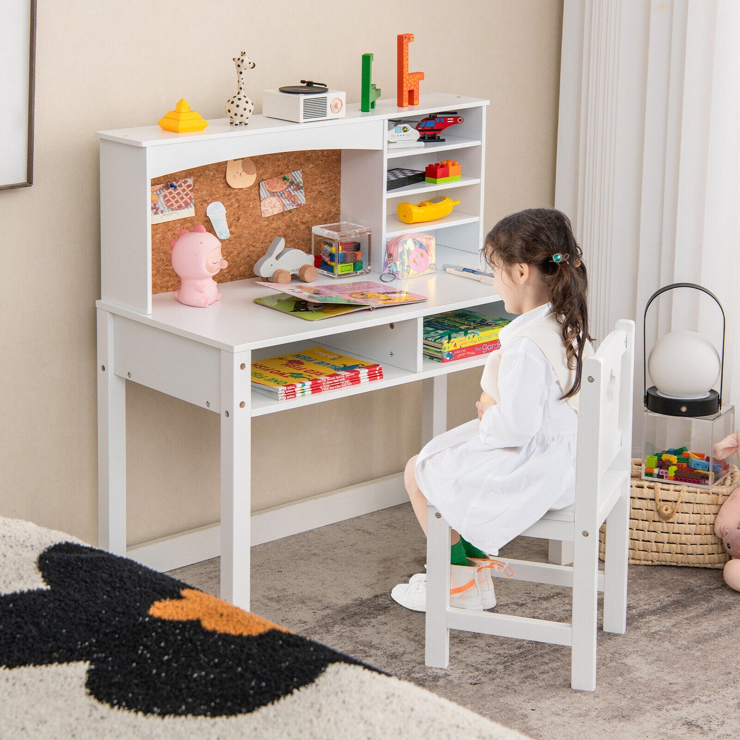 Kids Desk and Chair Set with Hutch and Bulletin Board for 3+ Kids-White Kids Crystal