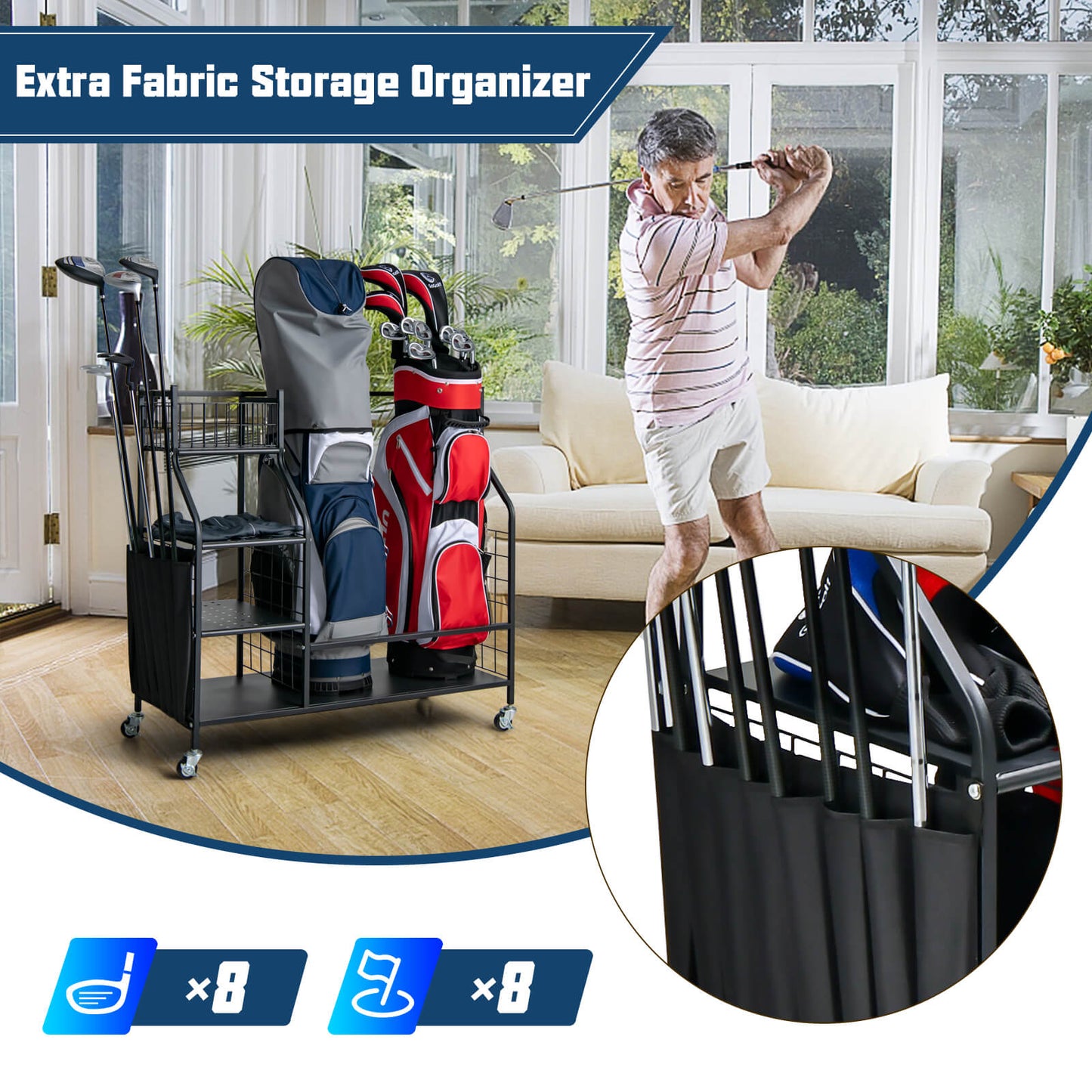 Double Golf Bag Organizer with Lockable Universal Wheels Kids Crystal