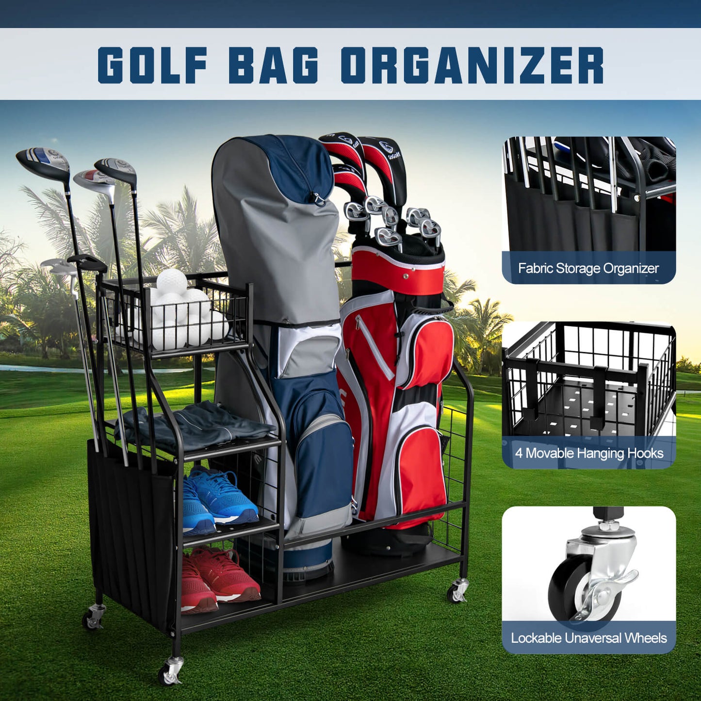 Double Golf Bag Organizer with Lockable Universal Wheels Kids Crystal