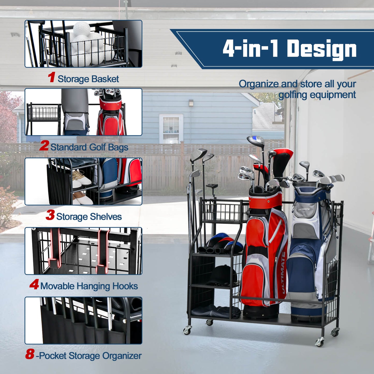 Double Golf Bag Organizer with Lockable Universal Wheels Kids Crystal