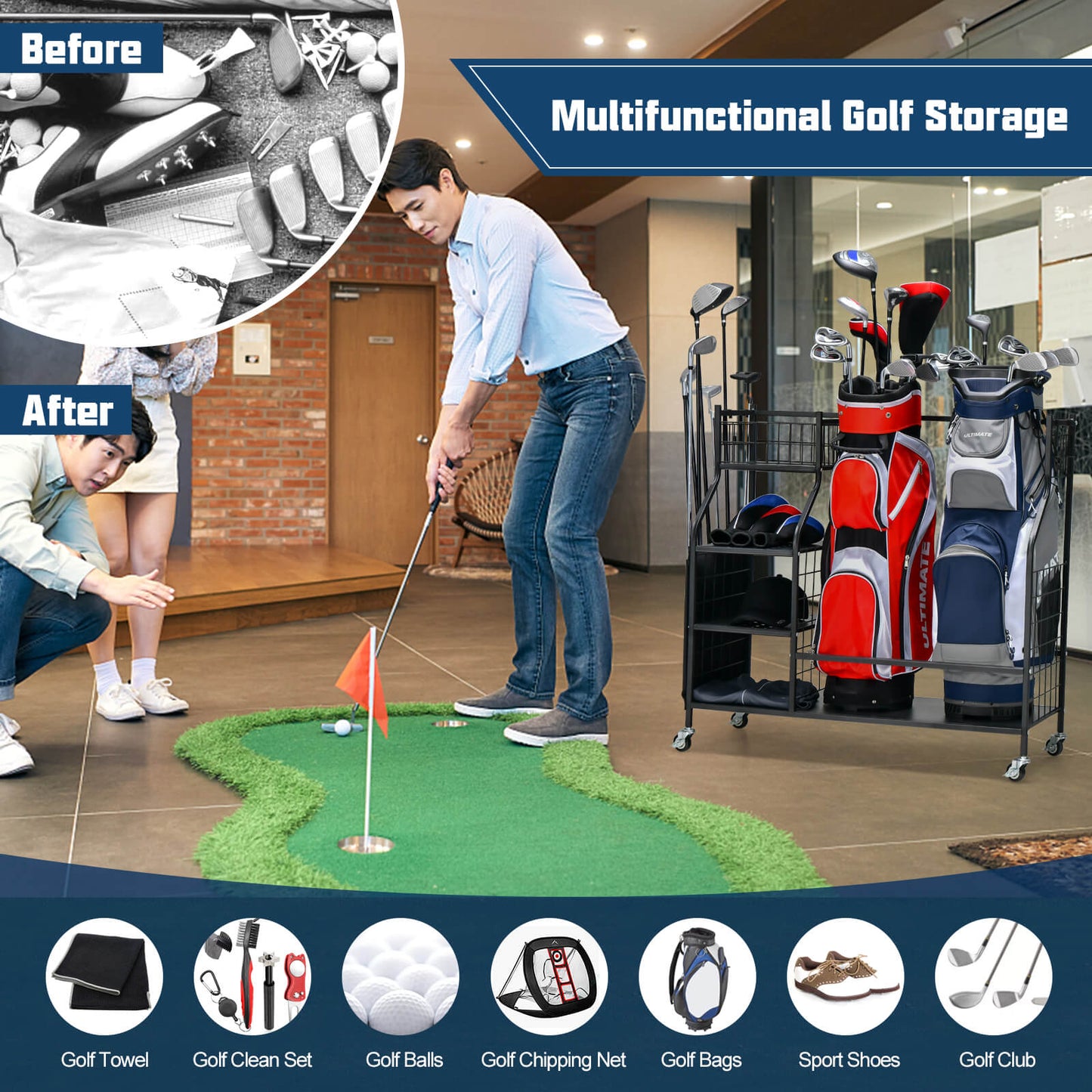 Double Golf Bag Organizer with Lockable Universal Wheels Kids Crystal