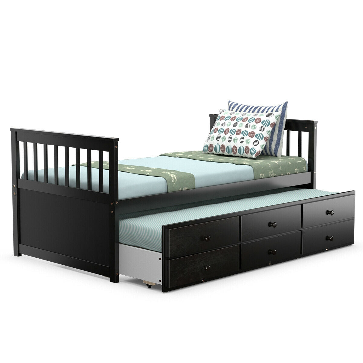 Twin Captain’s Bed with Trundle Bed with 3 Storage Drawers-Dark Brown Kids Crystal