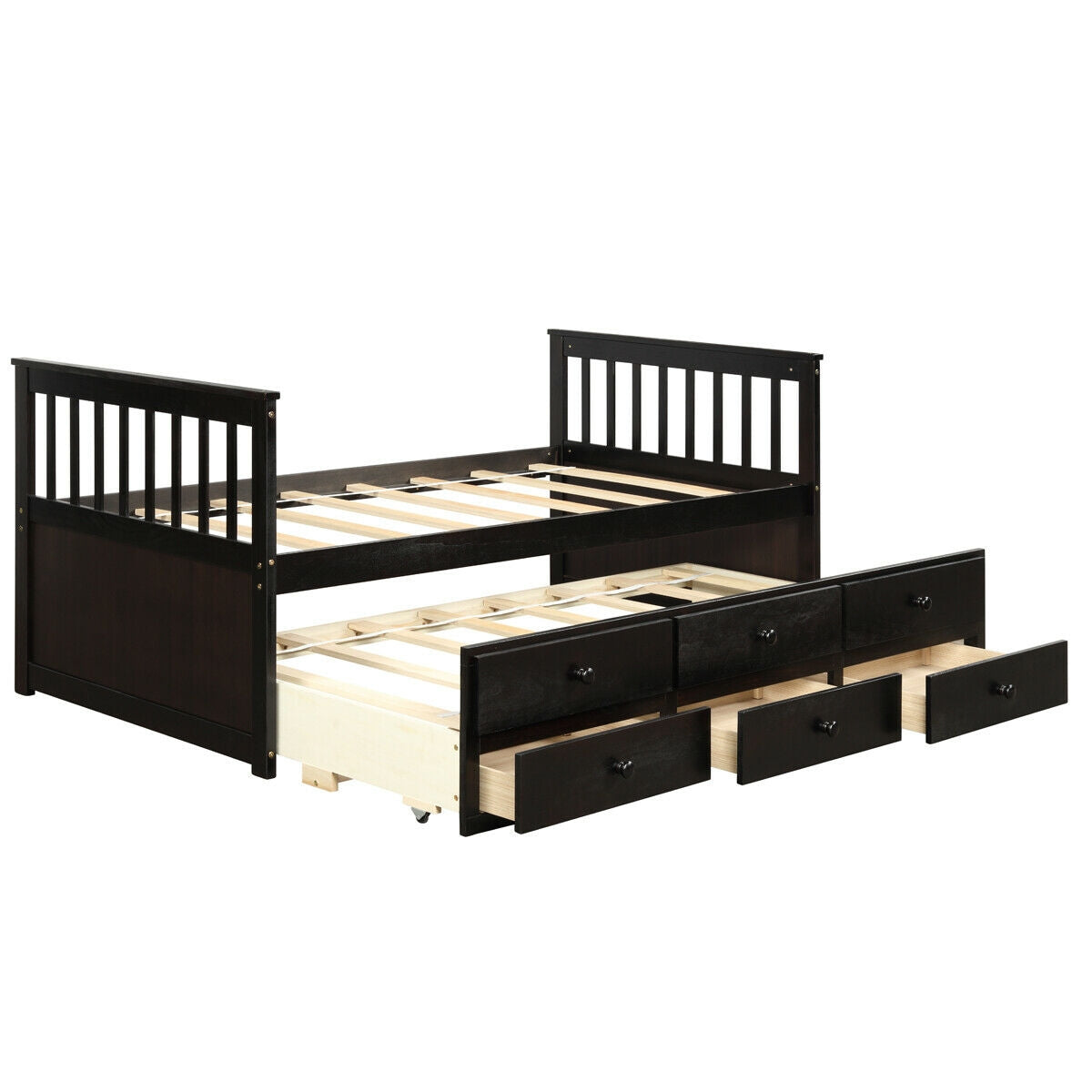 Twin Captain’s Bed with Trundle Bed with 3 Storage Drawers-Dark Brown Kids Crystal