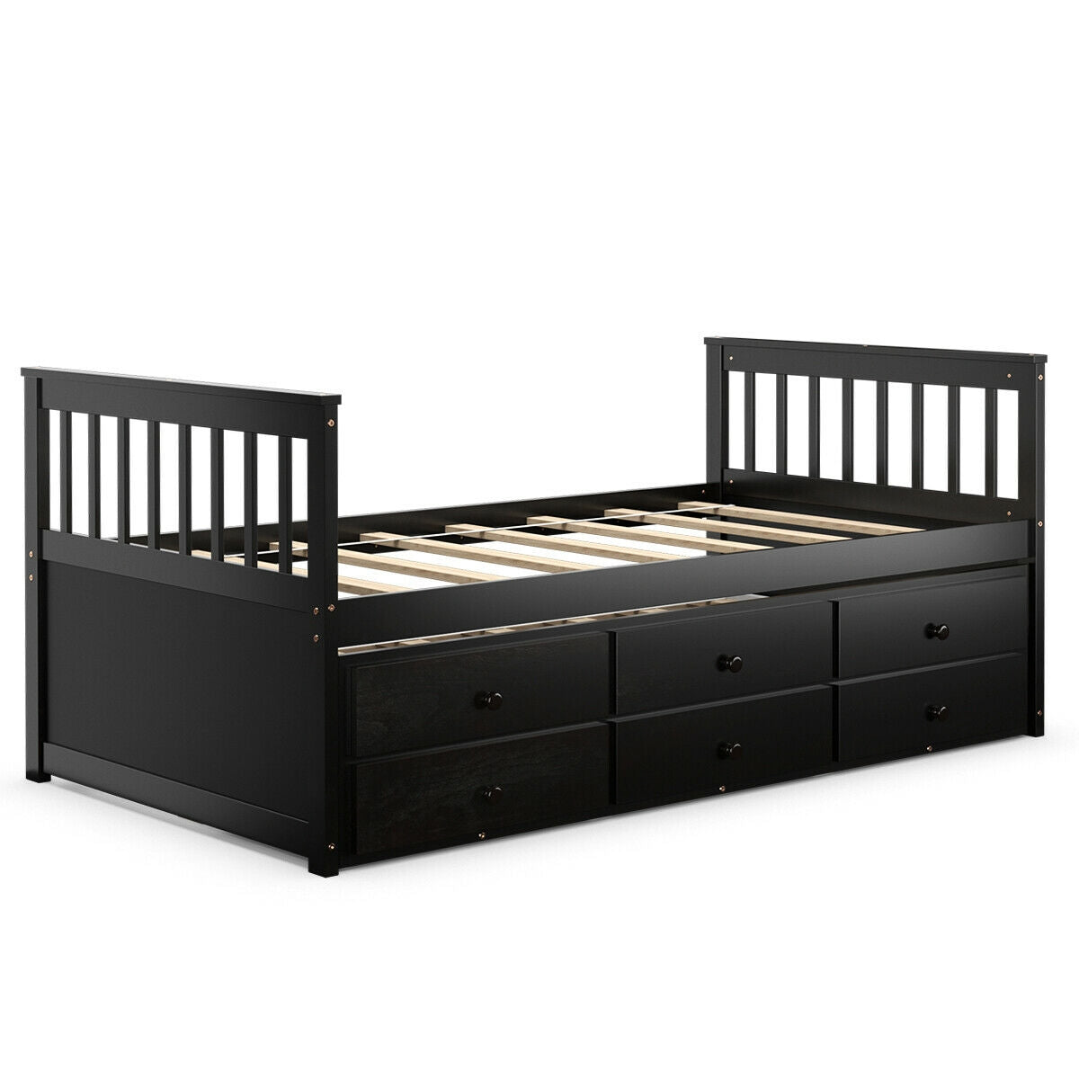 Twin Captain’s Bed with Trundle Bed with 3 Storage Drawers-Dark Brown Kids Crystal