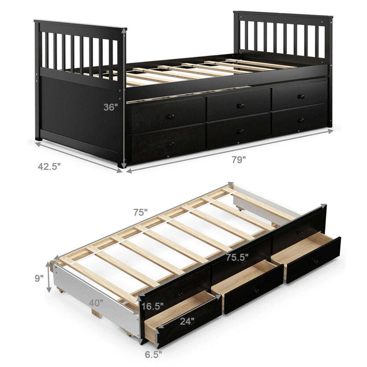 Twin Captain’s Bed with Trundle Bed with 3 Storage Drawers-Dark Brown Kids Crystal