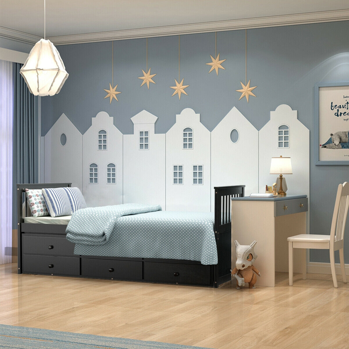 Twin Captain’s Bed with Trundle Bed with 3 Storage Drawers-Dark Brown Kids Crystal