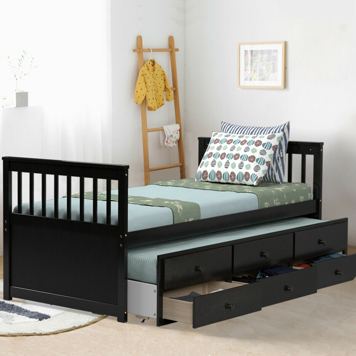 Twin Captain’s Bed with Trundle Bed with 3 Storage Drawers-Dark Brown Kids Crystal