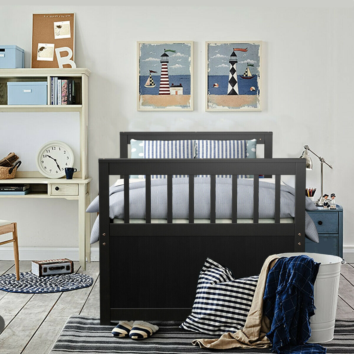 Twin Captain’s Bed with Trundle Bed with 3 Storage Drawers-Dark Brown Kids Crystal