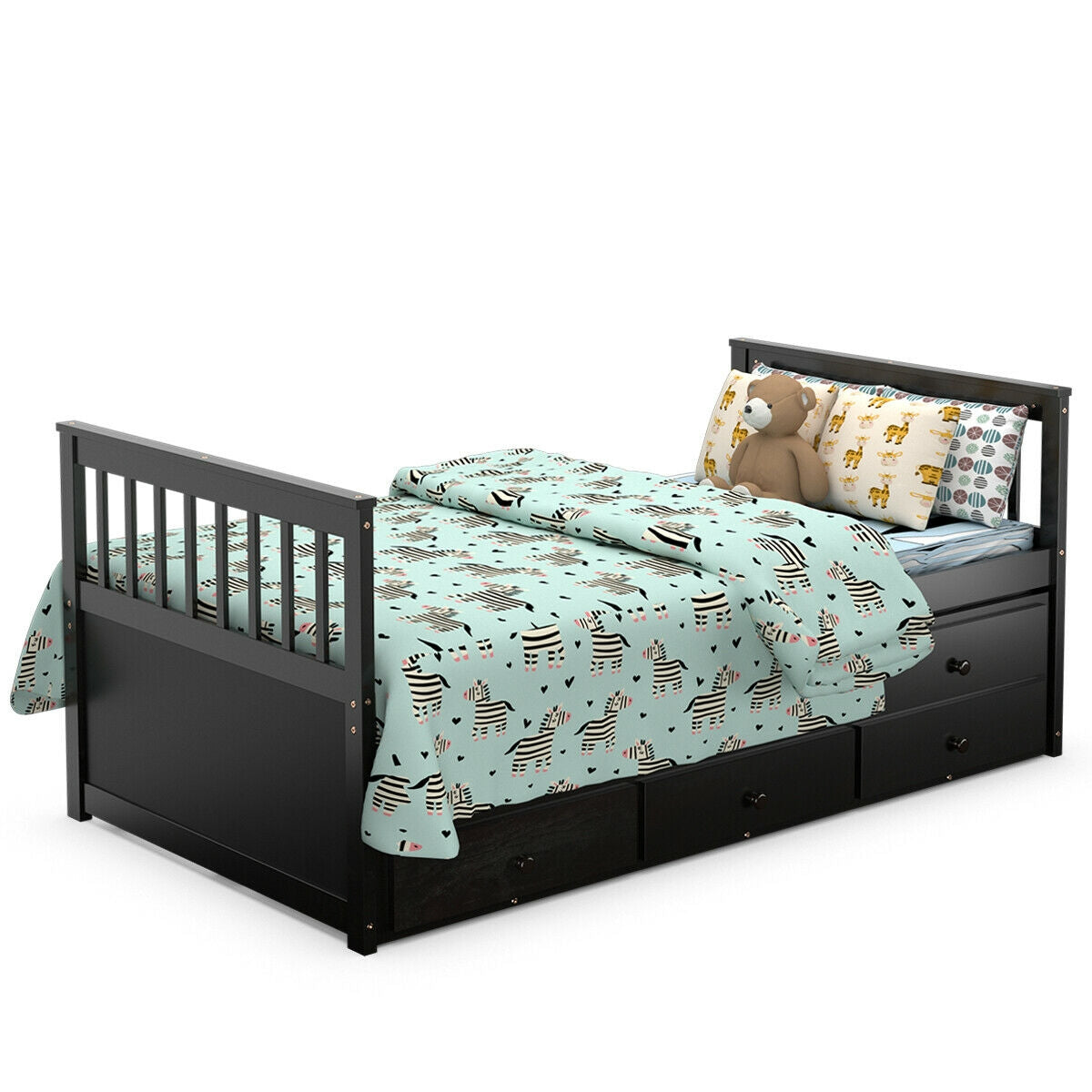 Twin Captain’s Bed with Trundle Bed with 3 Storage Drawers-Dark Brown Kids Crystal
